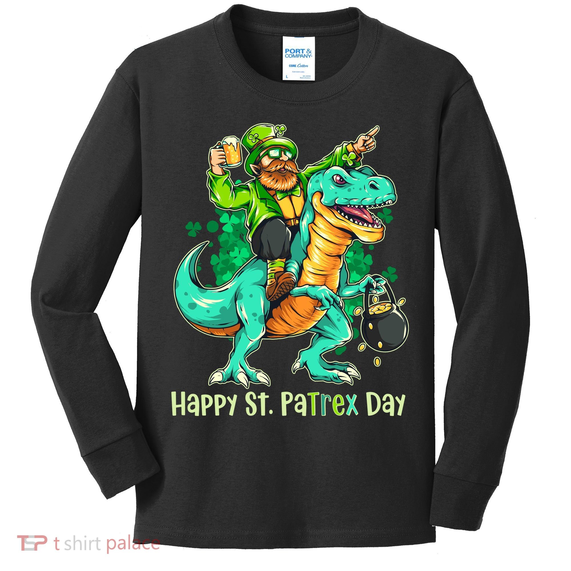 Funny Happy St. PaTREX Day Leprechaun Riding Trex Dinosaur Kids Long Sleeve Shirt