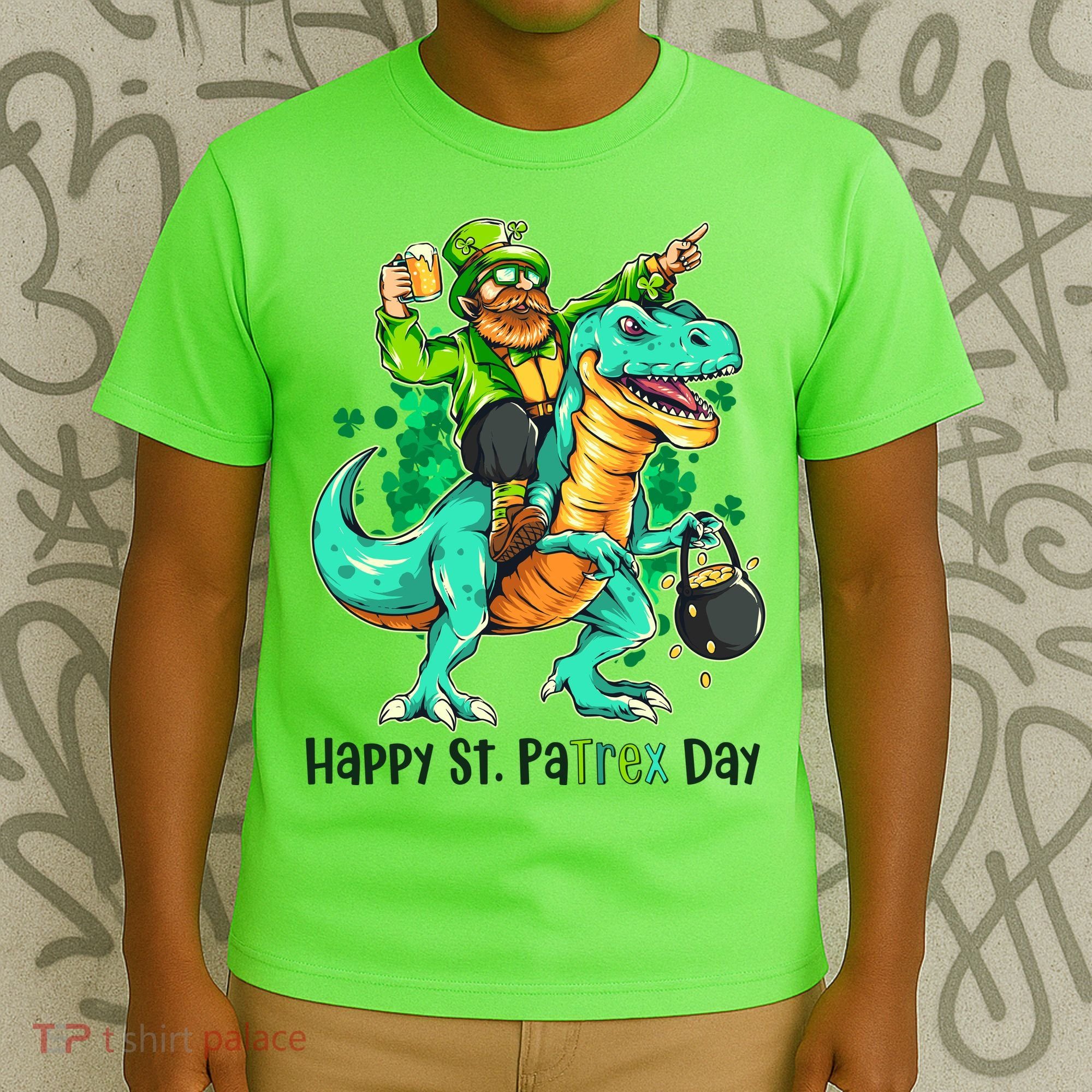 Funny Happy St. PaTREX Day Leprechaun Riding Trex Dinosaur T-Shirt