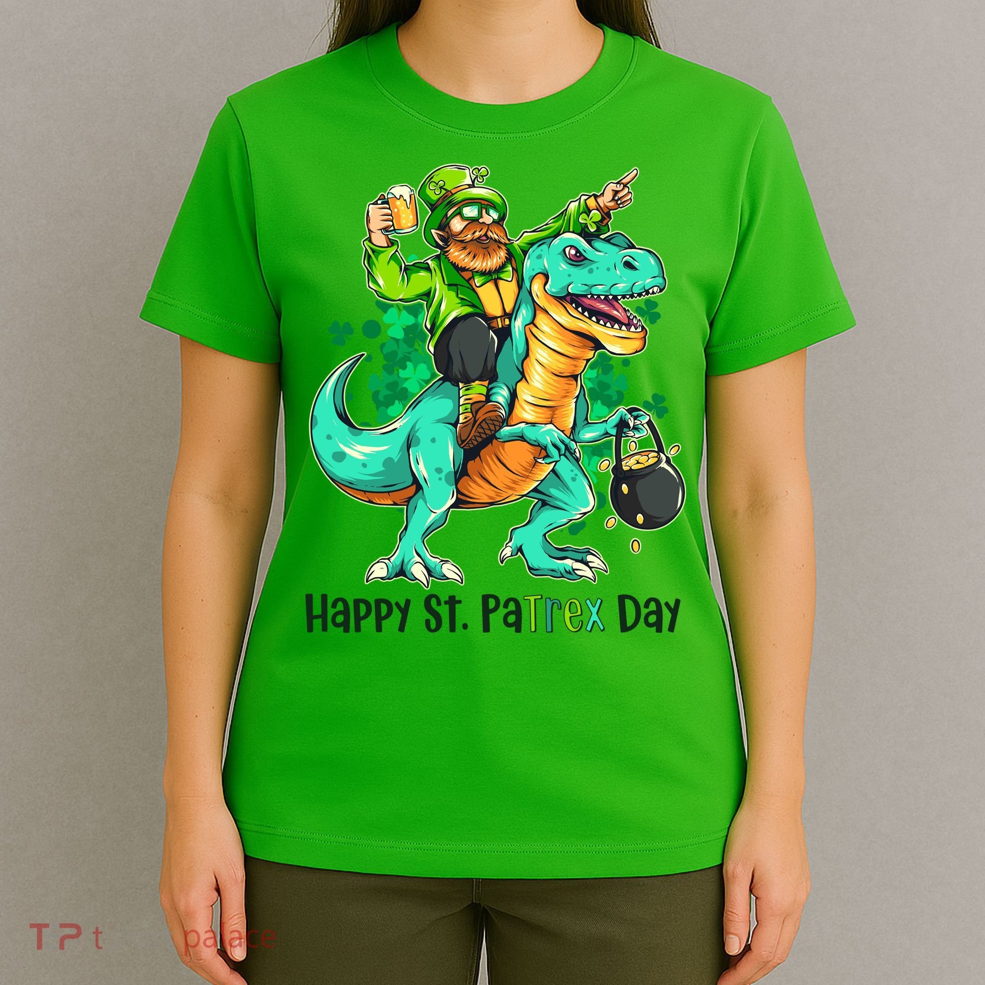 Funny Happy St. PaTREX Day Leprechaun Riding Trex Dinosaur T-Shirt