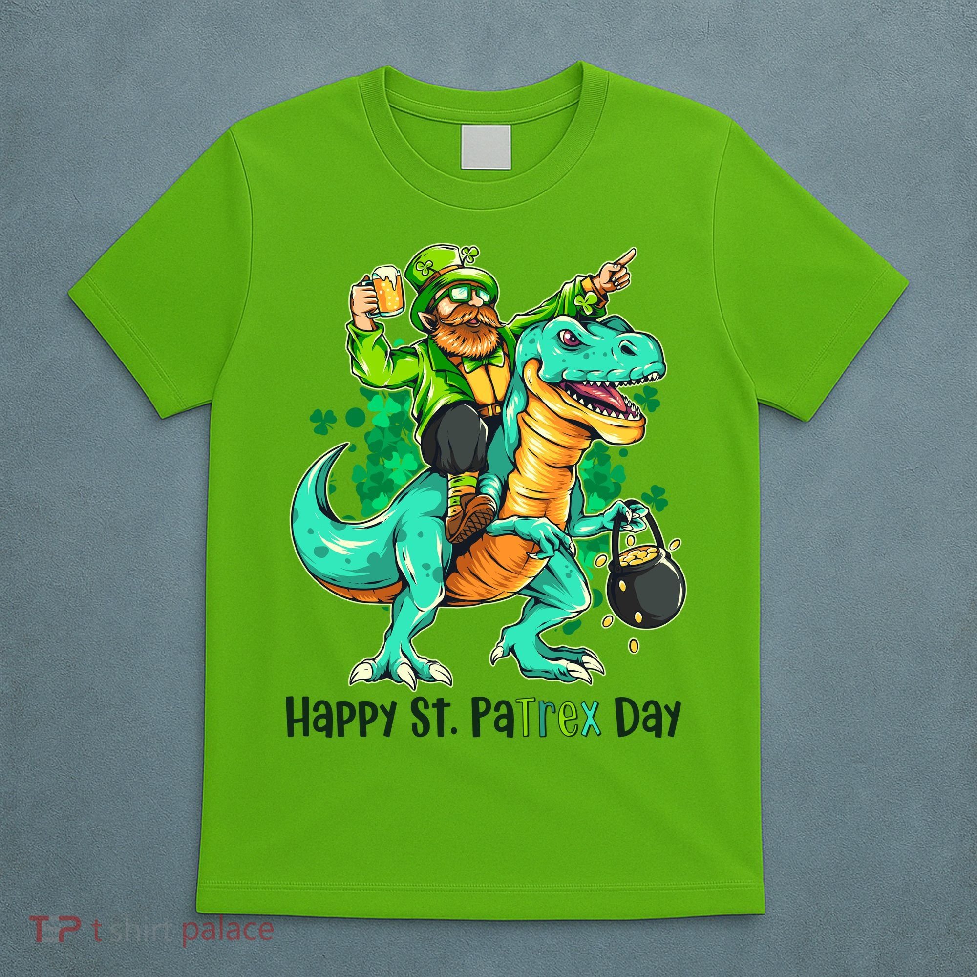 Funny Happy St. PaTREX Day Leprechaun Riding Trex Dinosaur T-Shirt
