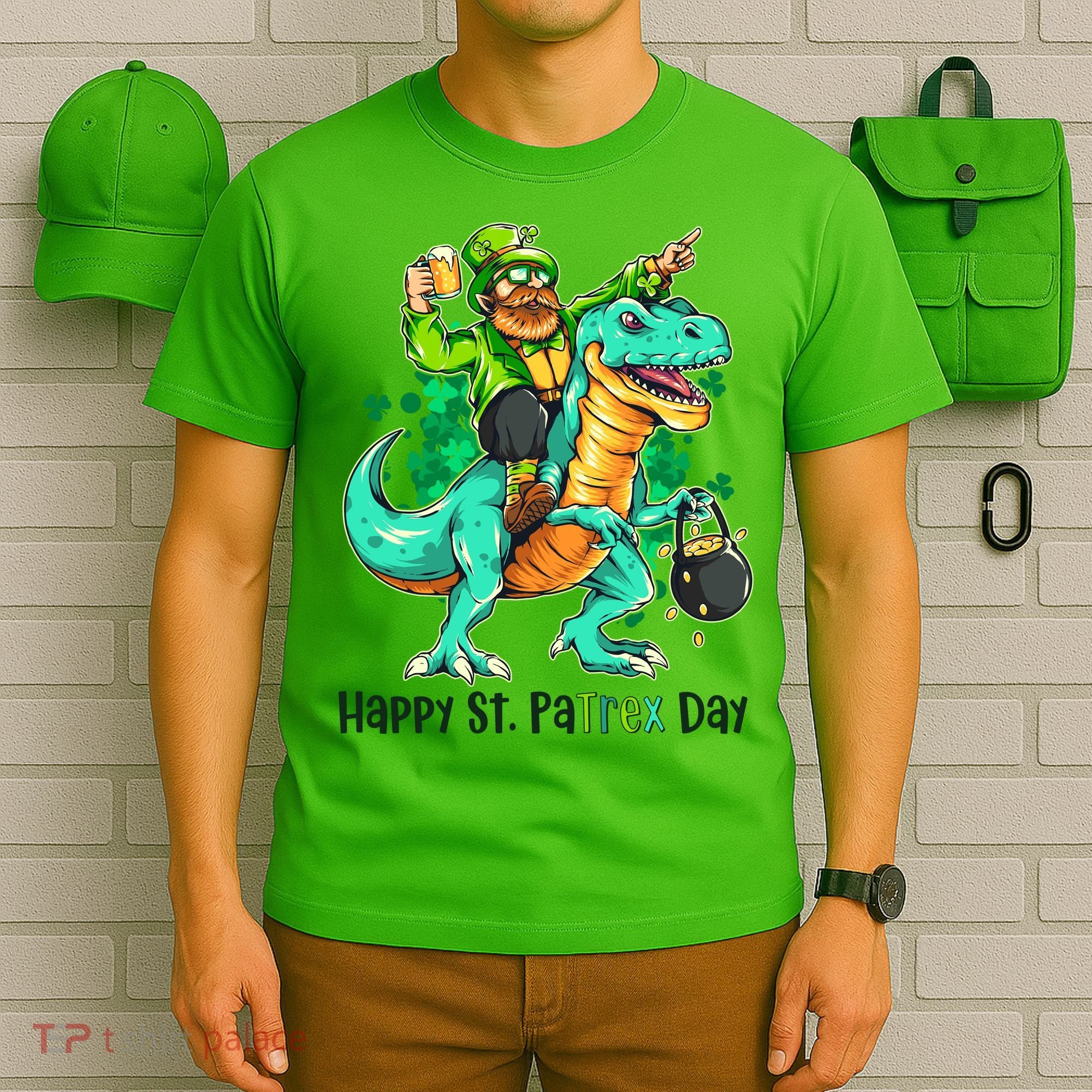 Funny Happy St. PaTREX Day Leprechaun Riding Trex Dinosaur T-Shirt