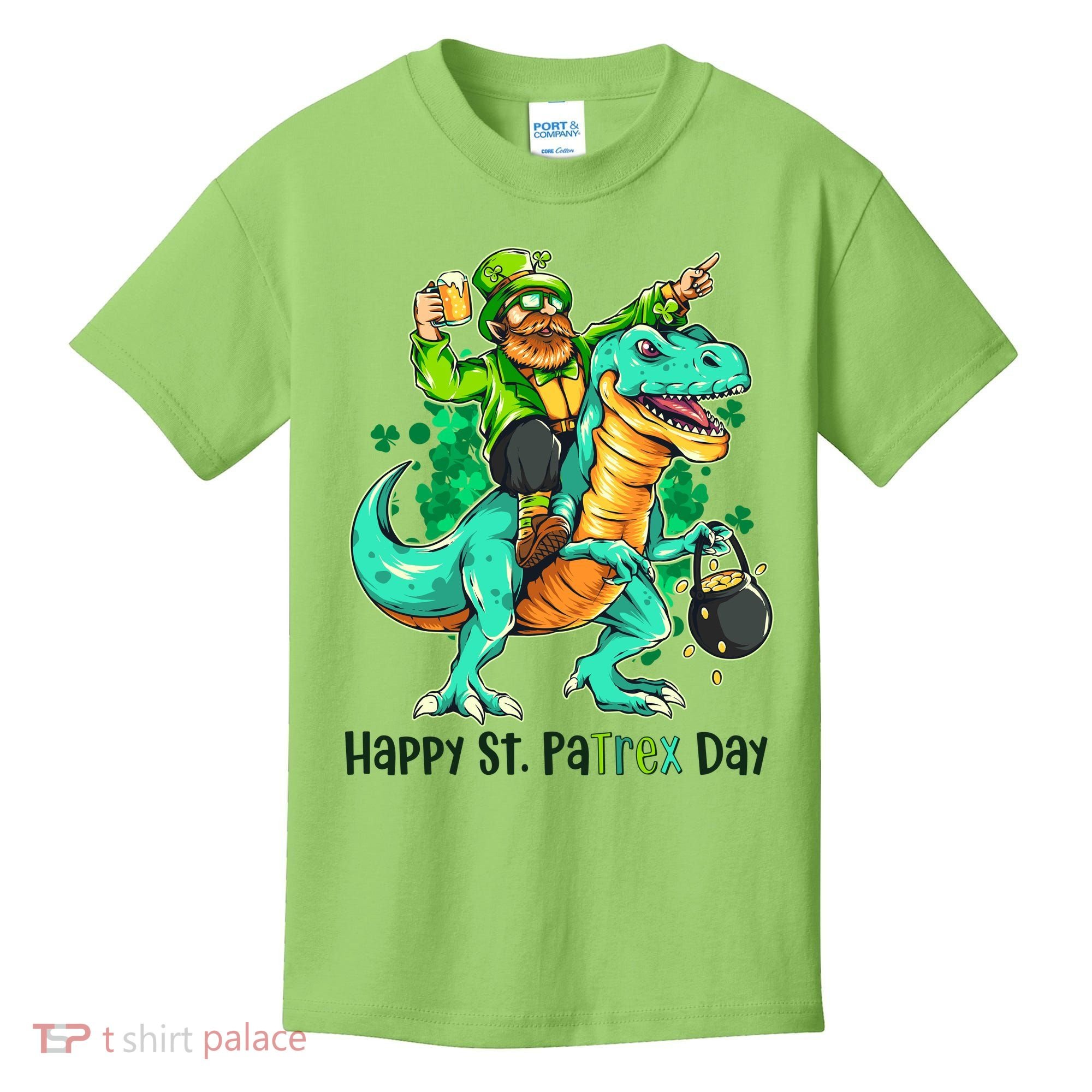 Funny Happy St. PaTREX Day Leprechaun Riding Trex Dinosaur Kids T-Shirt