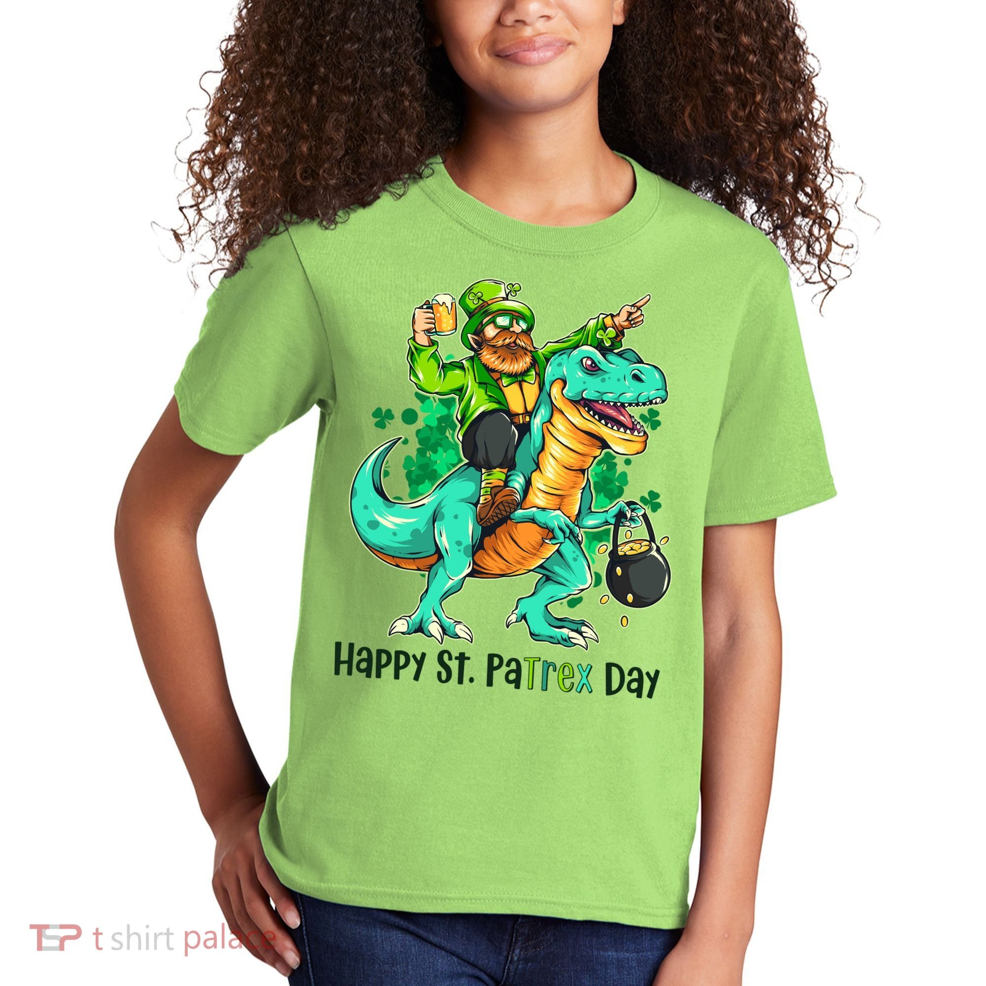 Funny Happy St. PaTREX Day Leprechaun Riding Trex Dinosaur Kids T-Shirt