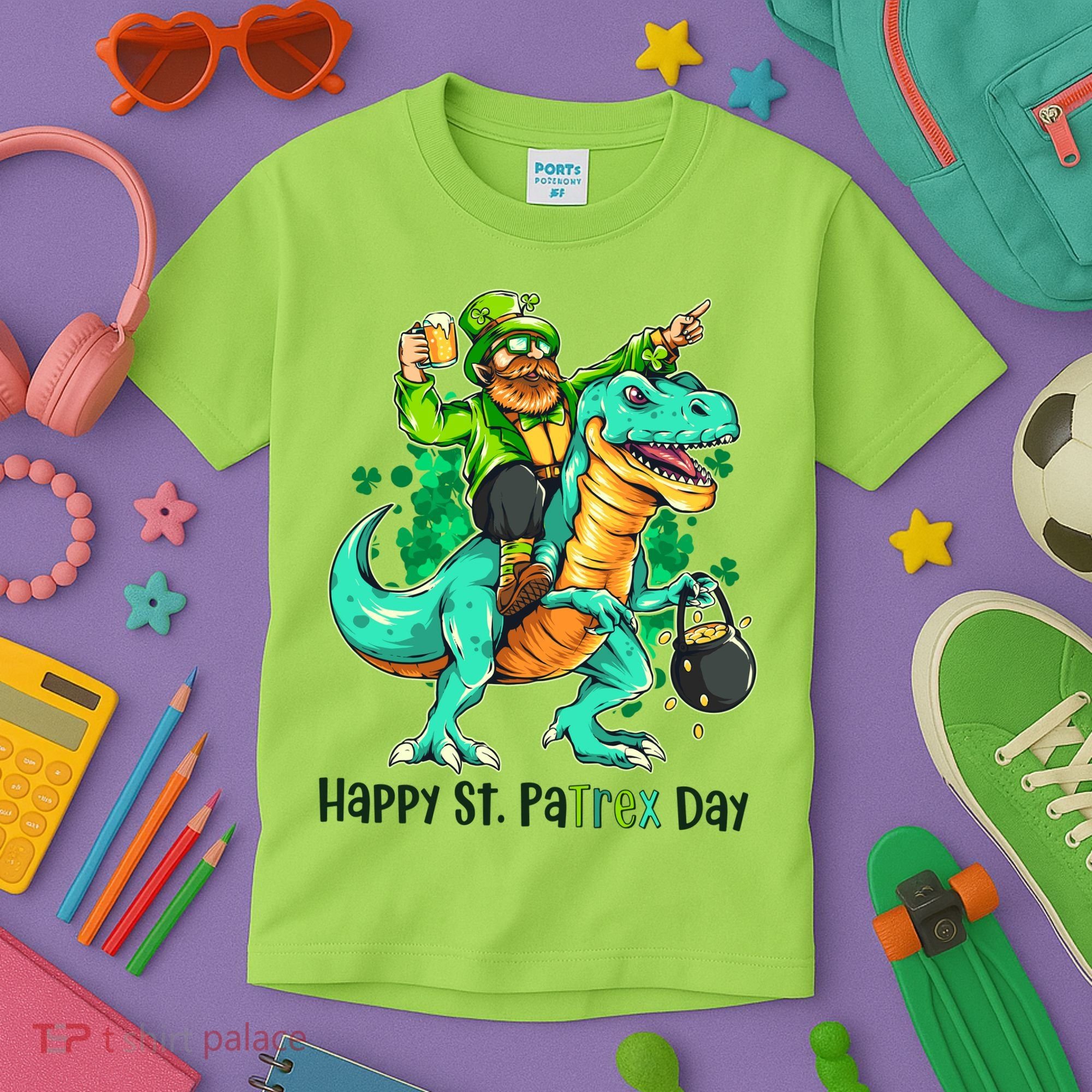 Funny Happy St. PaTREX Day Leprechaun Riding Trex Dinosaur Kids T-Shirt
