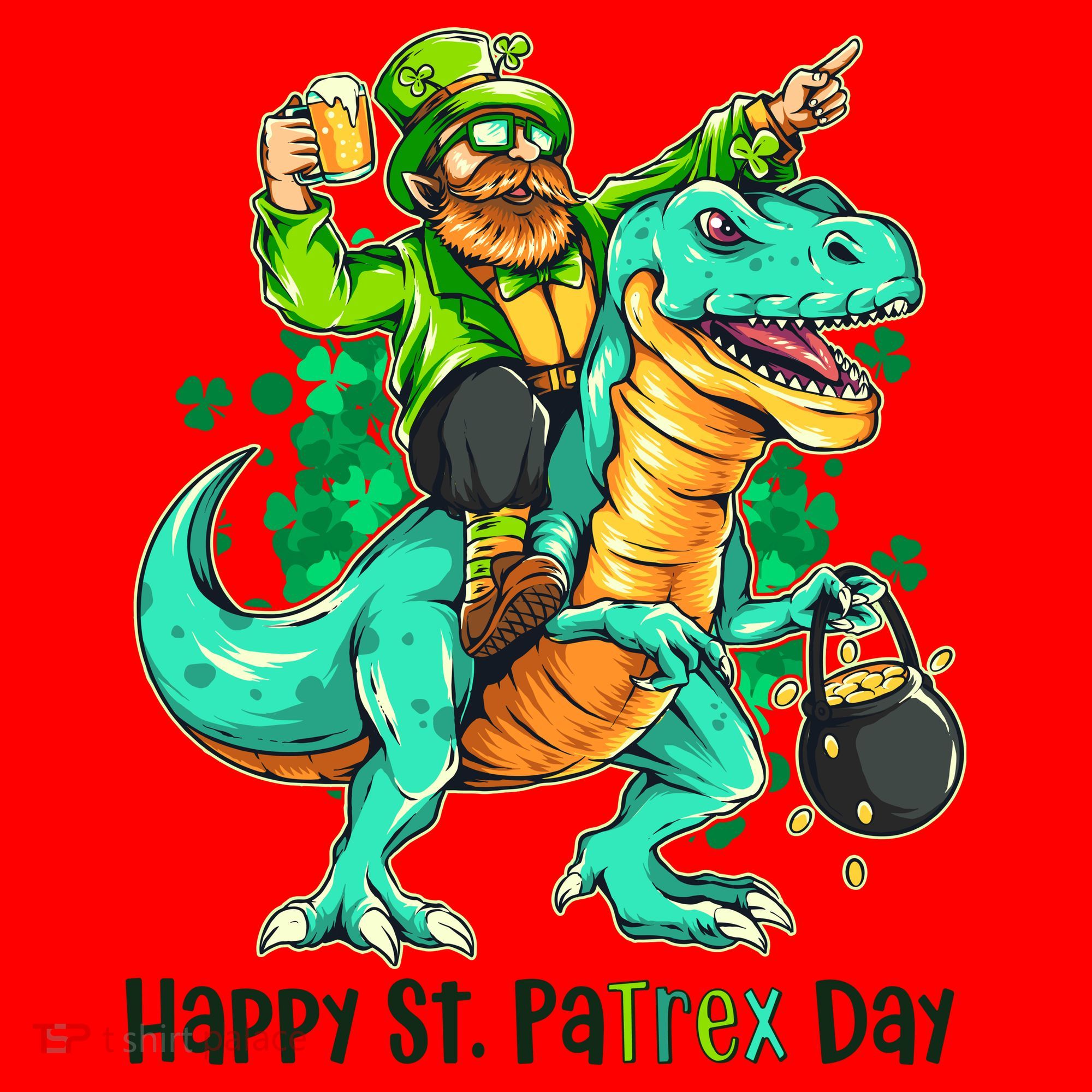 Funny Happy St. PaTREX Day Leprechaun Riding Trex Dinosaur Santa Hat