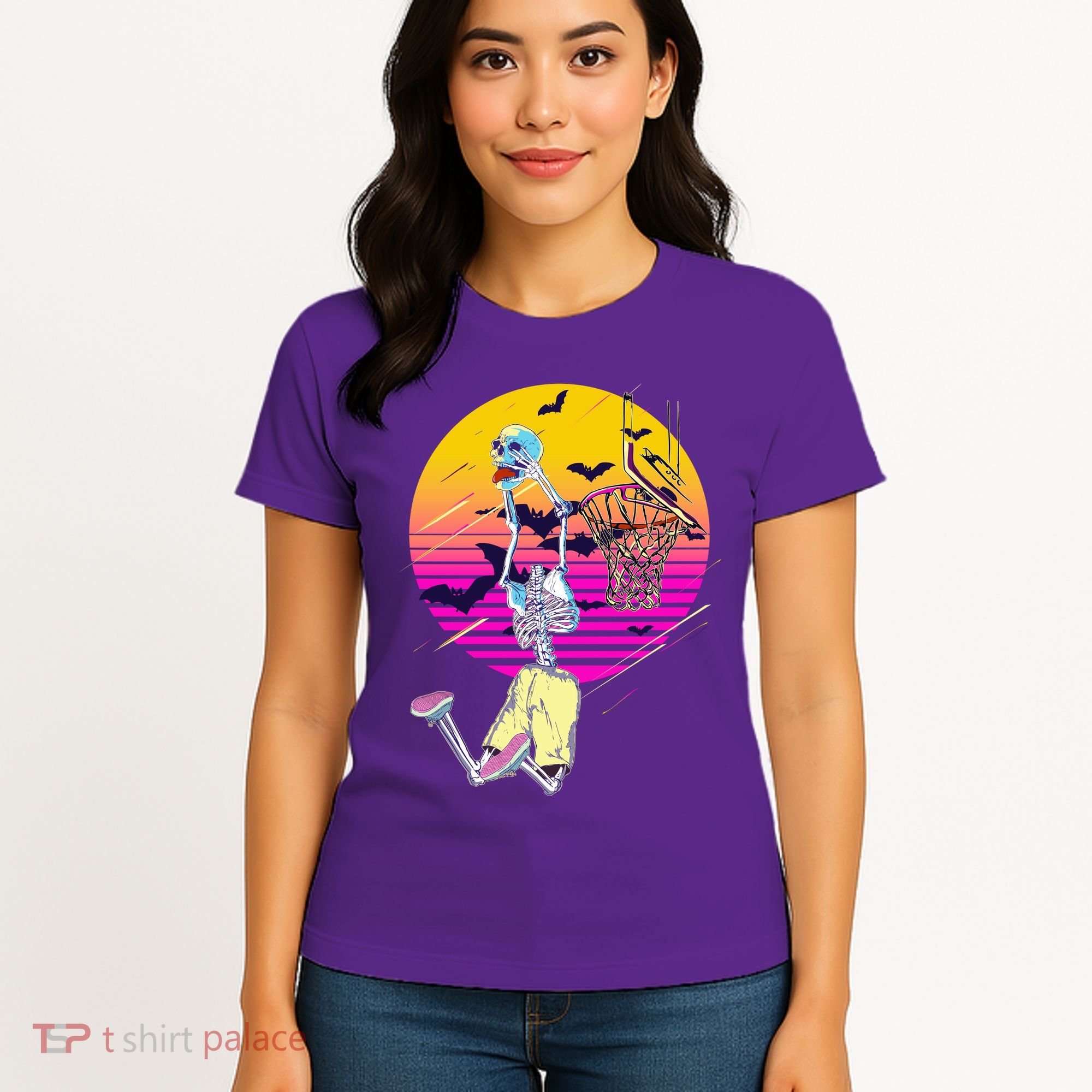Funny Halloween Skeleton Basketball Player Dunking Skull Women's T-Shirt