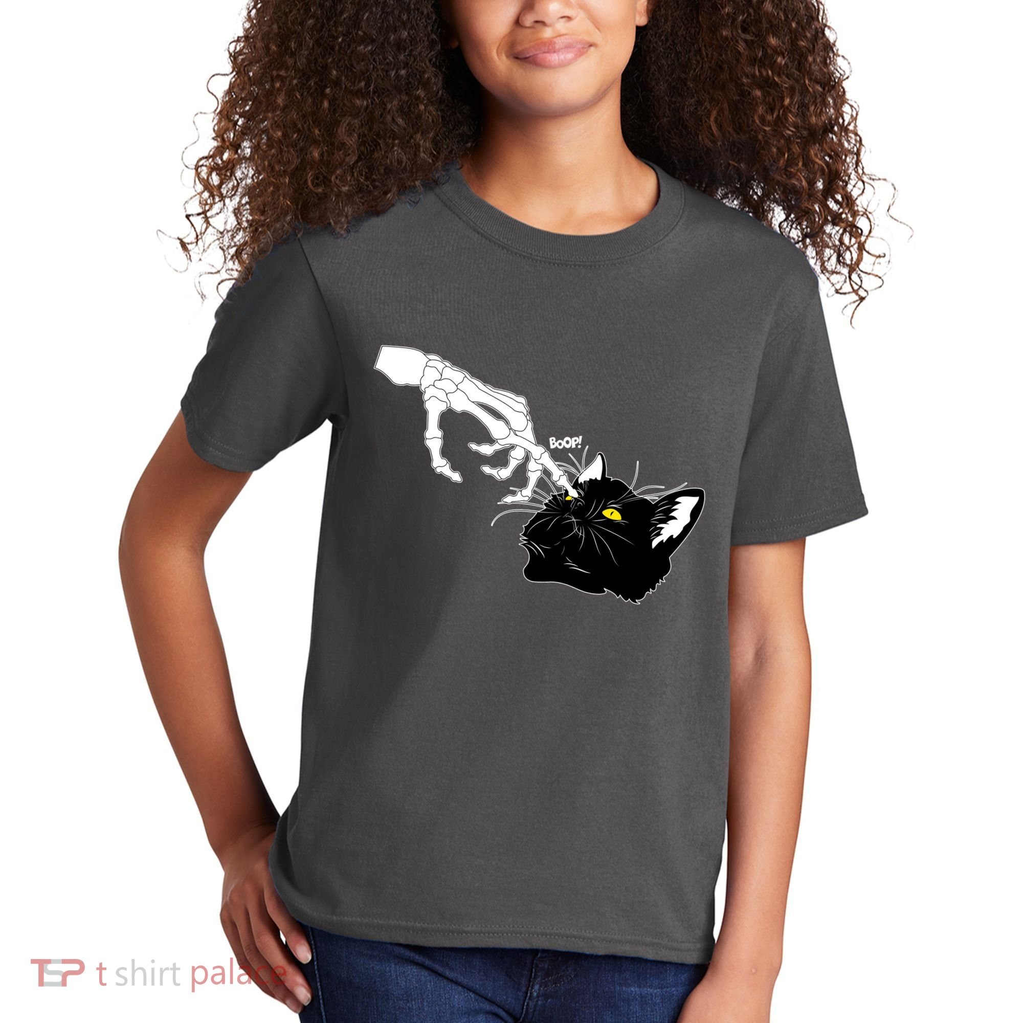 Funny Halloween Skeleton Boop Kitten Cat Nose Kids T-Shirt