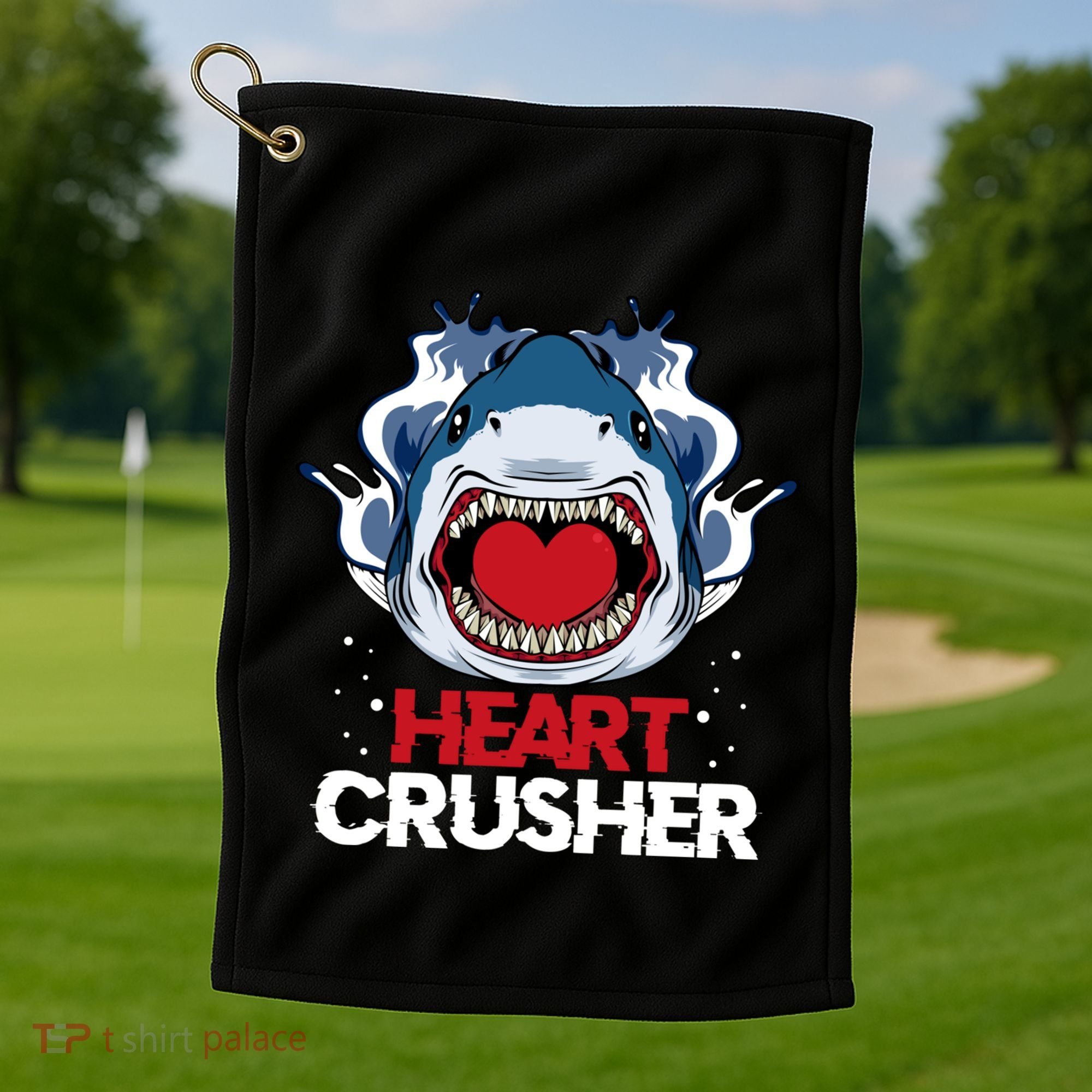 Funny Heart Shark Crusher Valentines Day Jawsome Beach Gift Golf Towel
