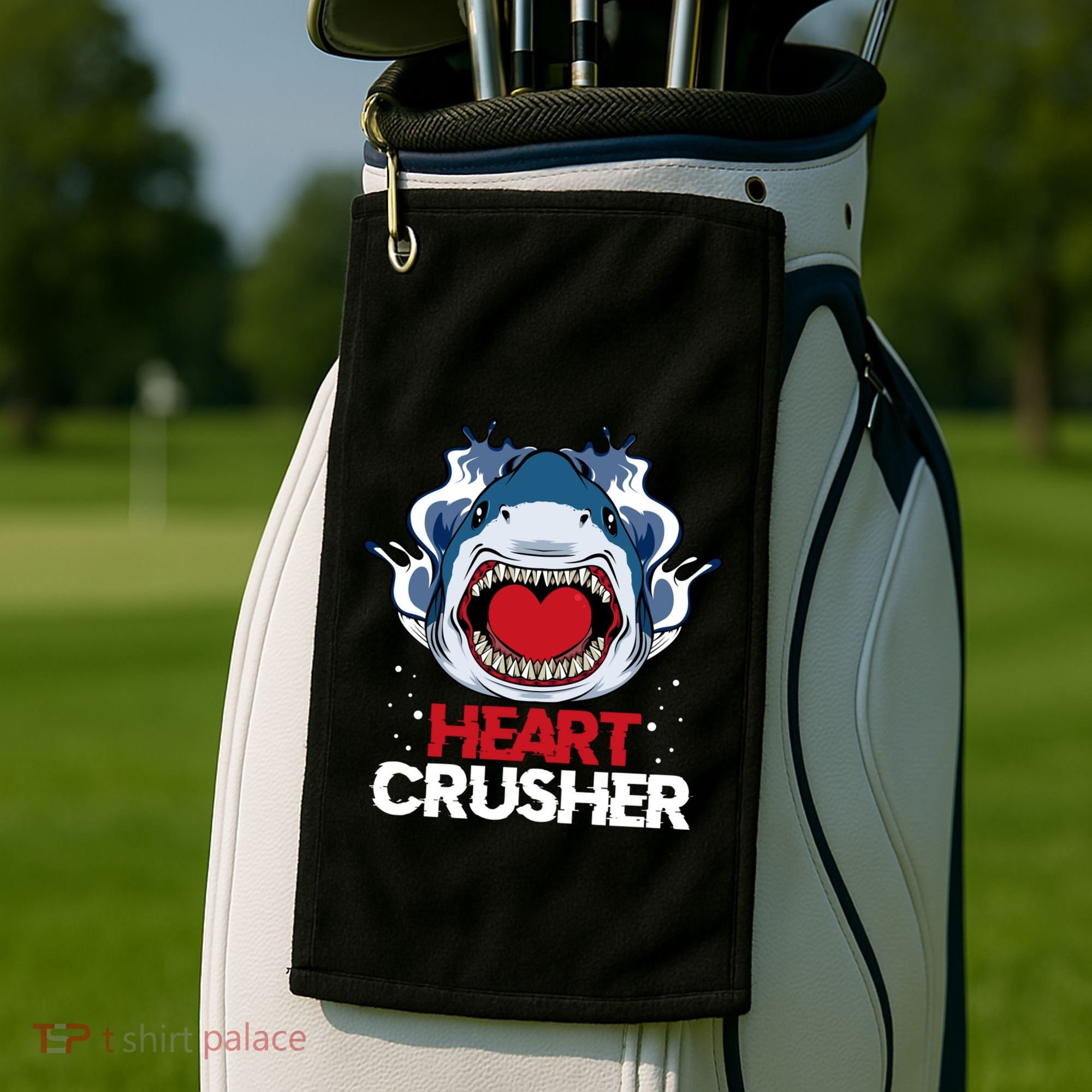Funny Heart Shark Crusher Valentines Day Jawsome Beach Gift Golf Towel