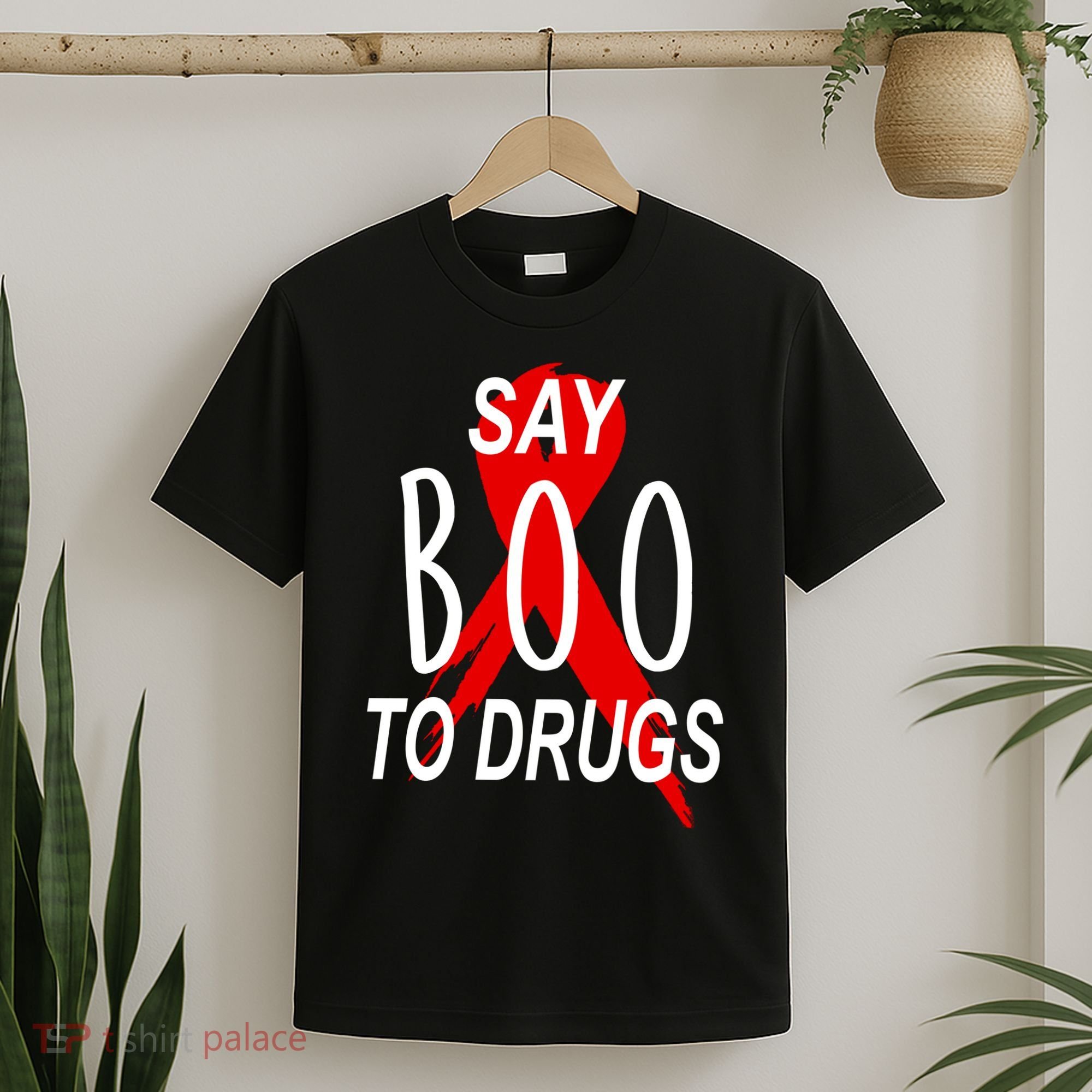 Funny Halloween Say Boo To Drugs Awareness Red Ribbon T-Shirt