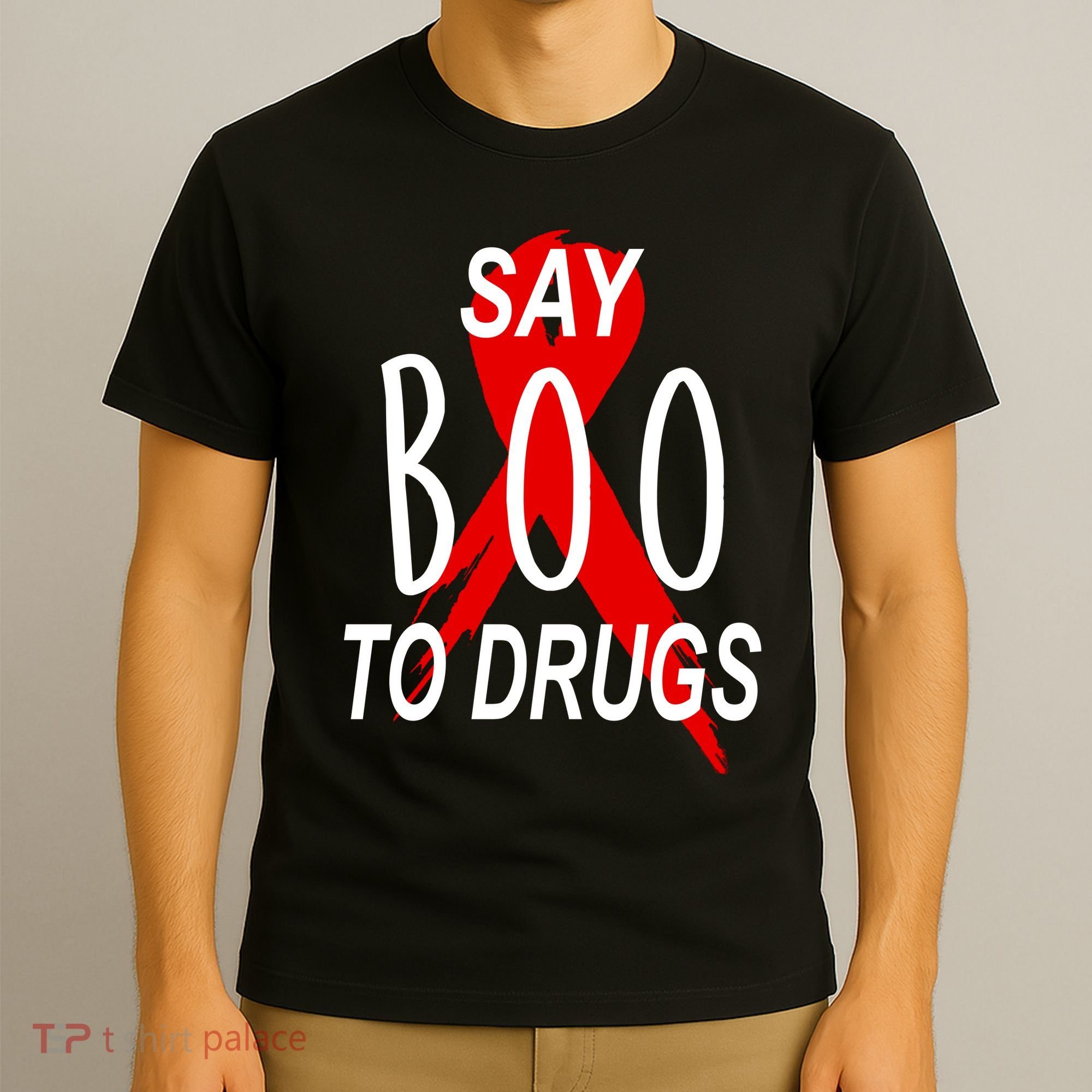 Funny Halloween Say Boo To Drugs Awareness Red Ribbon T-Shirt
