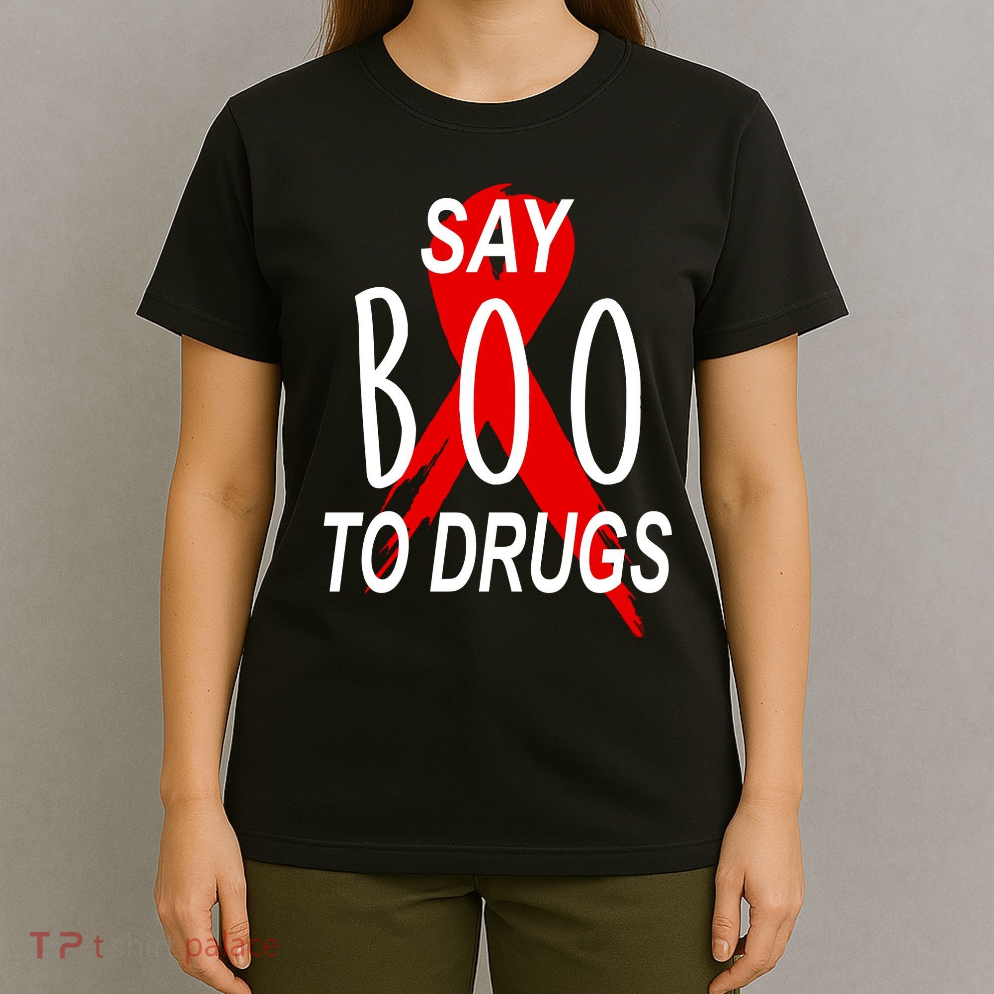 Funny Halloween Say Boo To Drugs Awareness Red Ribbon T-Shirt