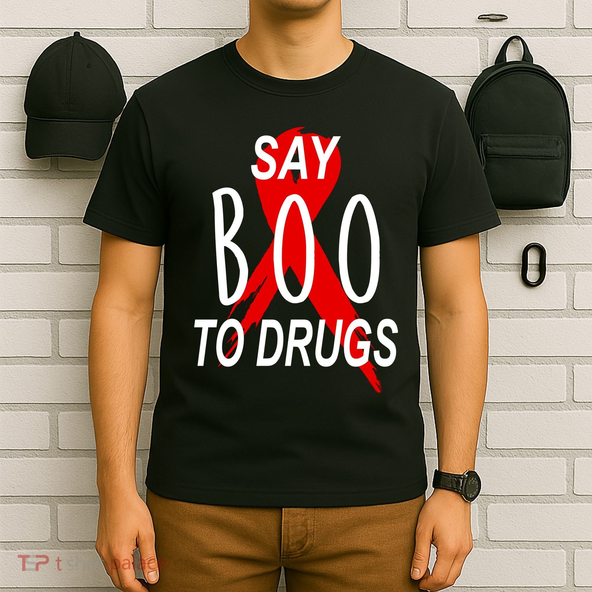 Funny Halloween Say Boo To Drugs Awareness Red Ribbon T-Shirt