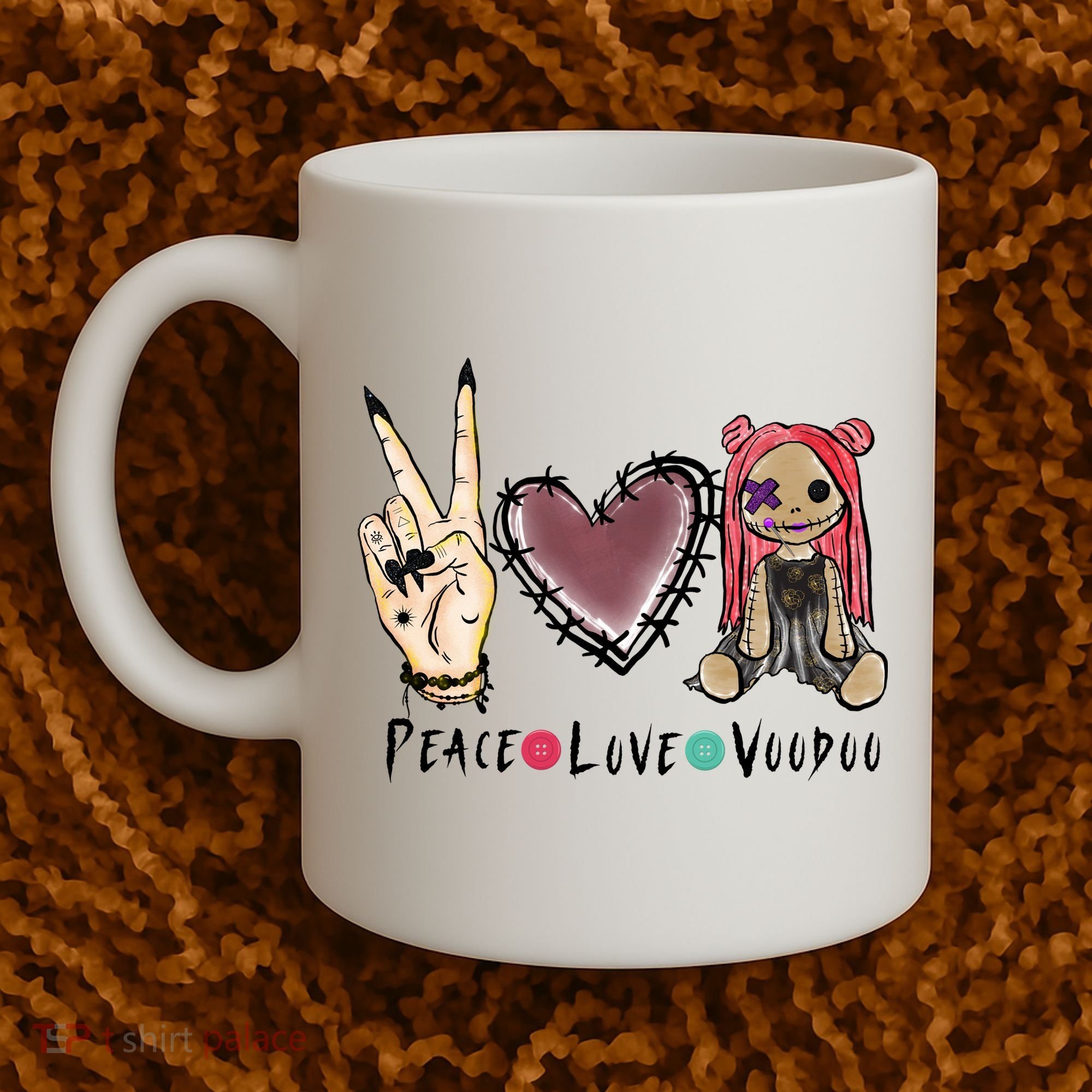 Funny Halloween Shirts, Peace Love Voodoo Coffee Mug