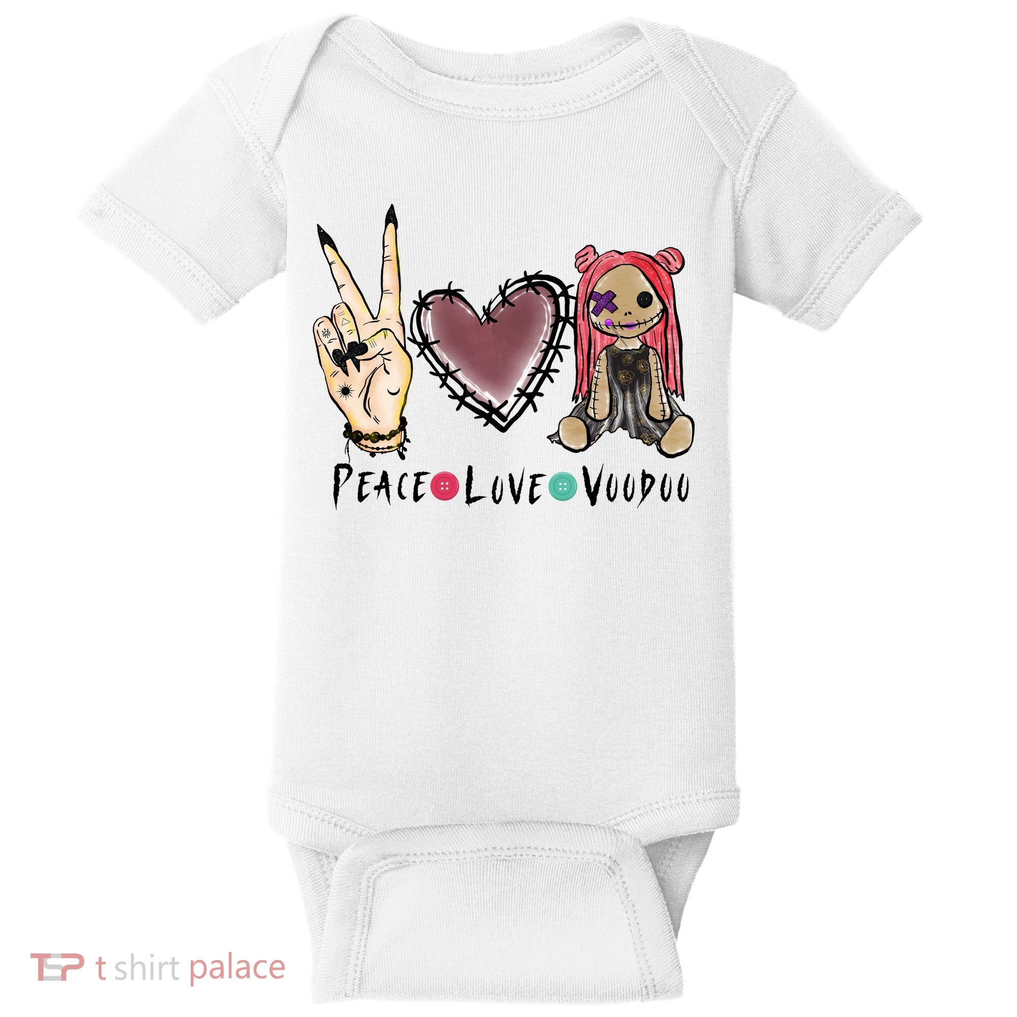Funny Halloween Shirts, Peace Love Voodoo Baby Bodysuit