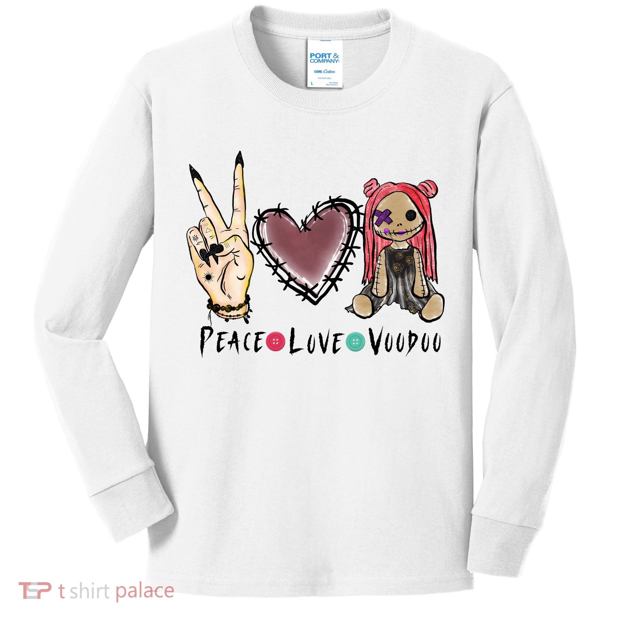 Funny Halloween Shirts, Peace Love Voodoo Kids Long Sleeve Shirt