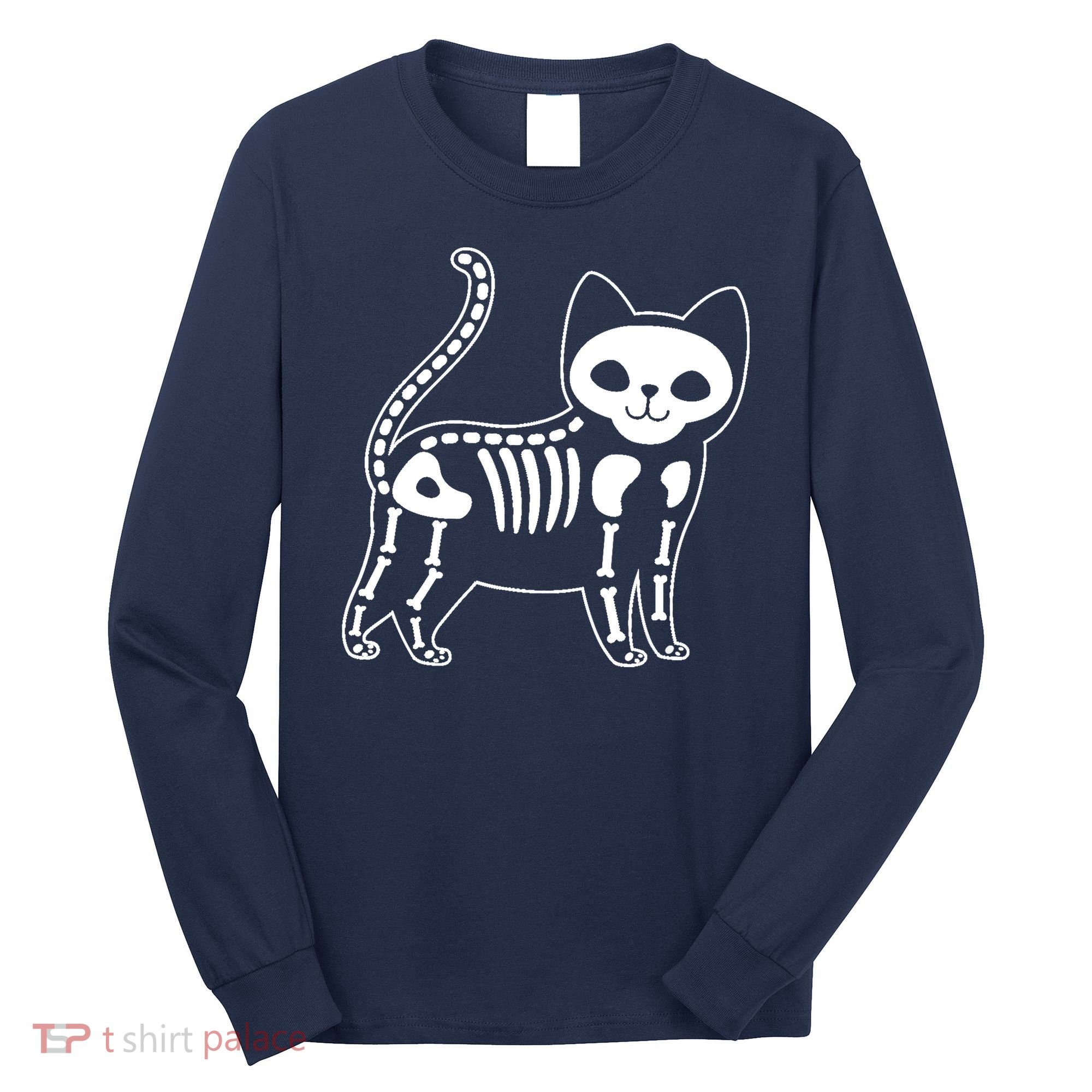 Funny Halloween Skeleton Cat Kitty Costume Skull Cat Long Sleeve Shirt