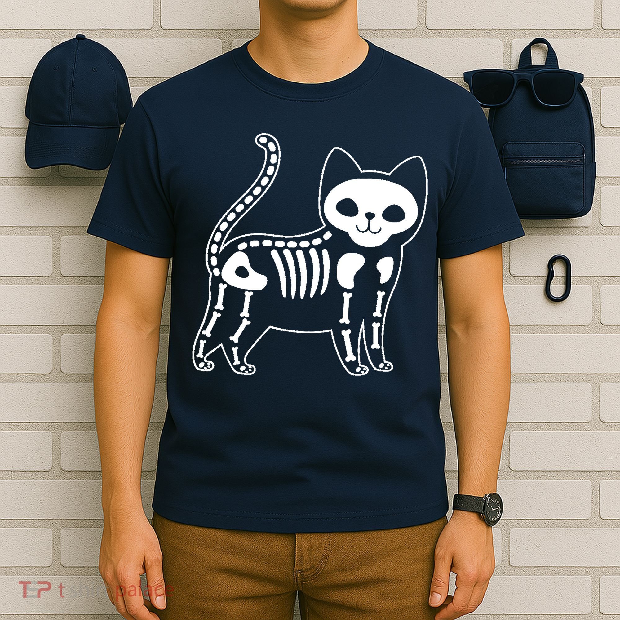 Funny Halloween Skeleton Cat Kitty Costume Skull Cat T-Shirt