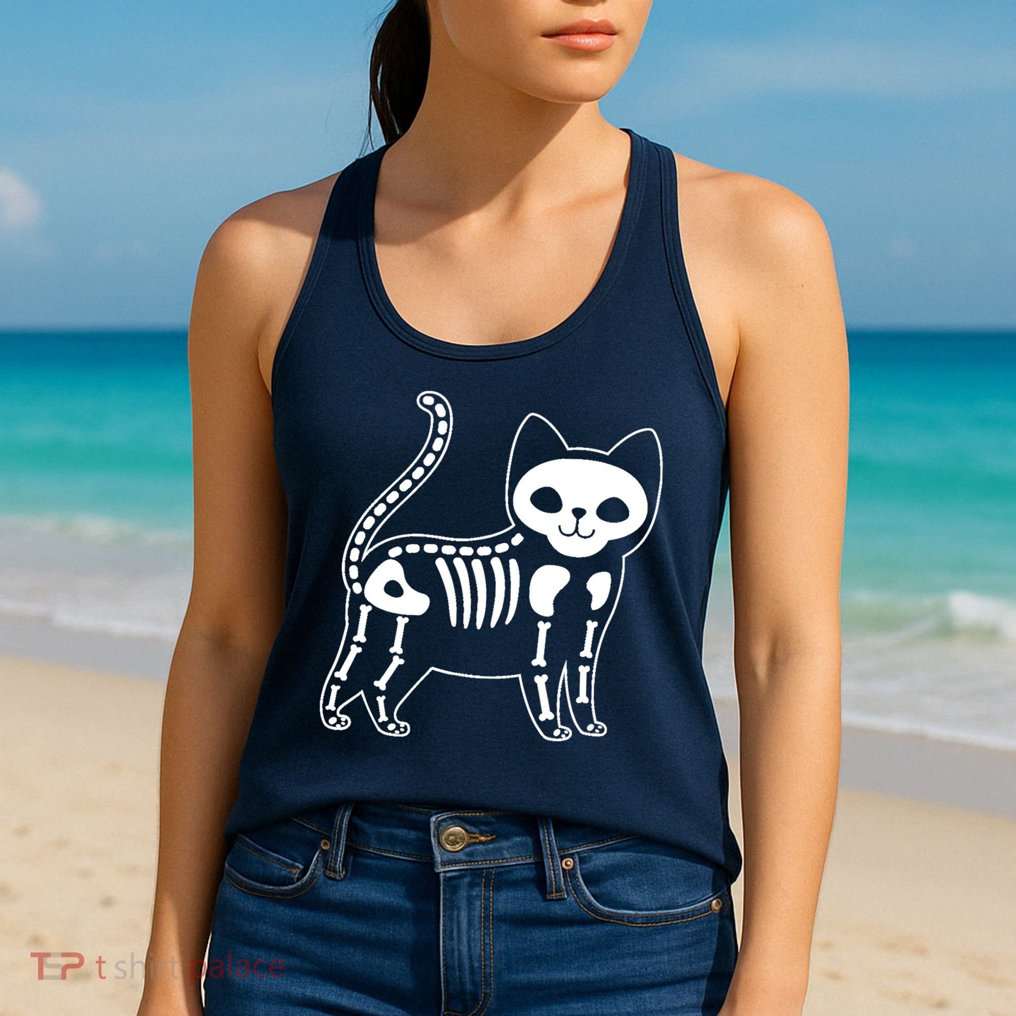 Funny Halloween Skeleton Cat Kitty Costume Skull Cat Women's Tank Top
