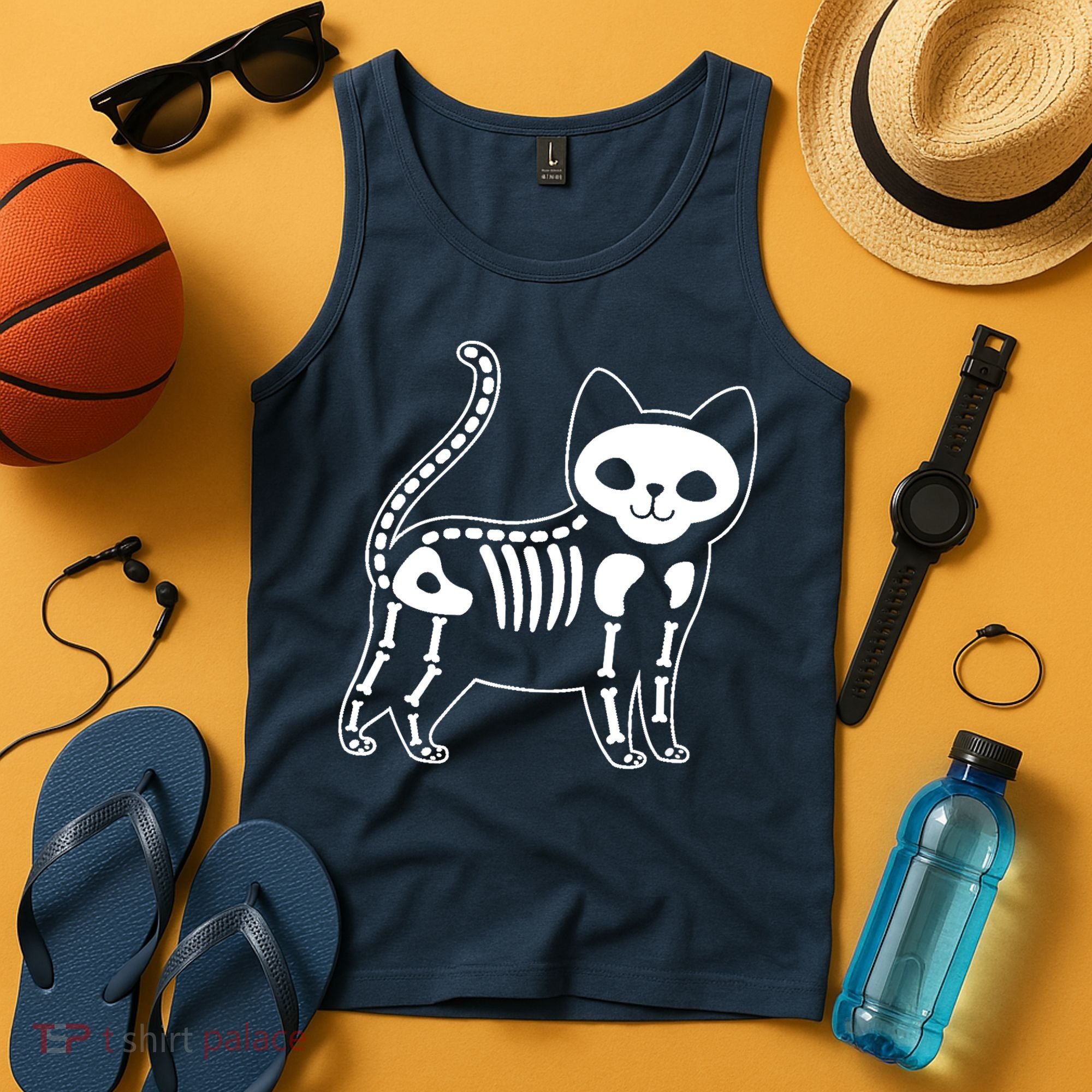 Funny Halloween Skeleton Cat Kitty Costume Skull Cat Tank Top
