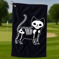 Funny Halloween Skeleton Cat Kitty Costume Skull Cat Golf Towel thumb 1