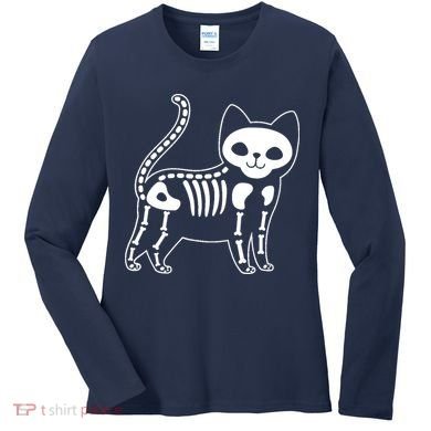 Funny Halloween Skeleton Cat Kitty Costume Skull Cat Women's Long Sleeve Shirt
