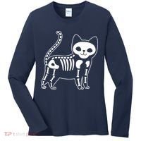 Funny Halloween Skeleton Cat Kitty Costume Skull Cat Women's Long Sleeve Shirt thumb 0