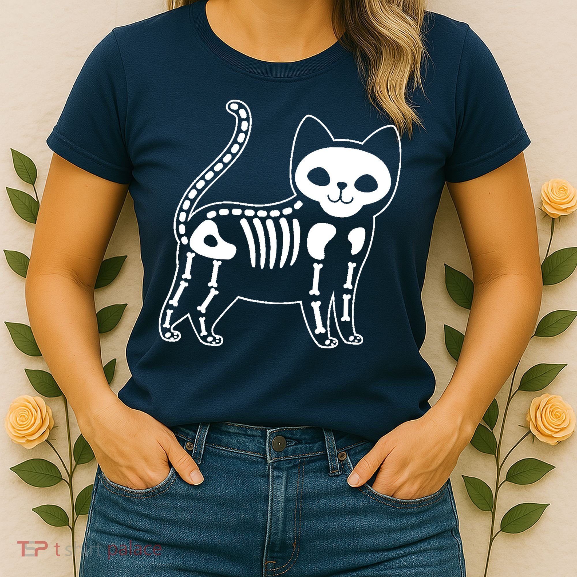 Funny Halloween Skeleton Cat Kitty Costume Skull Cat Women's T-Shirt