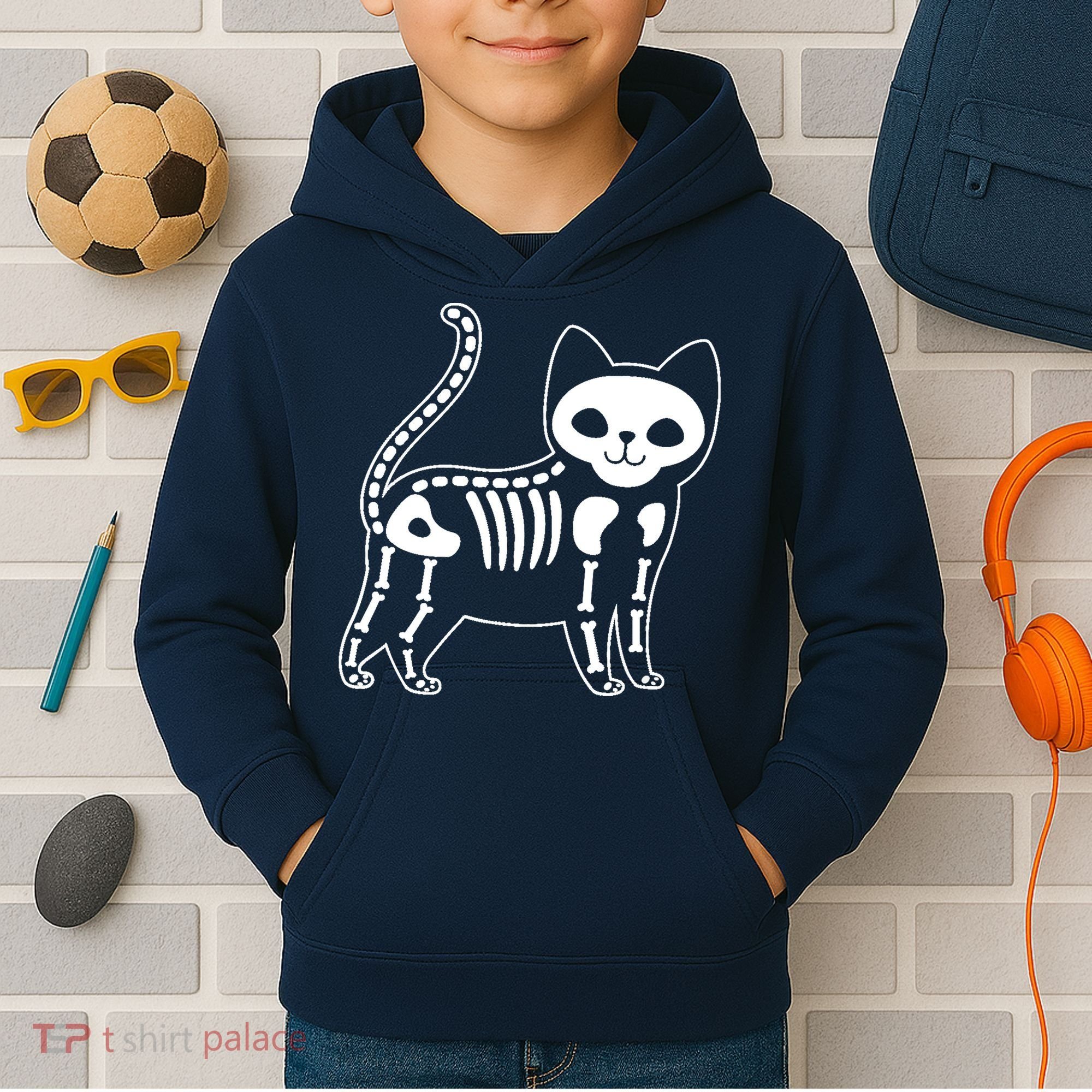 Funny Halloween Skeleton Cat Kitty Costume Skull Cat Kids Hoodie