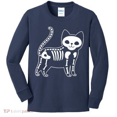 Funny Halloween Skeleton Cat Kitty Costume Skull Cat Kids Long Sleeve Shirt