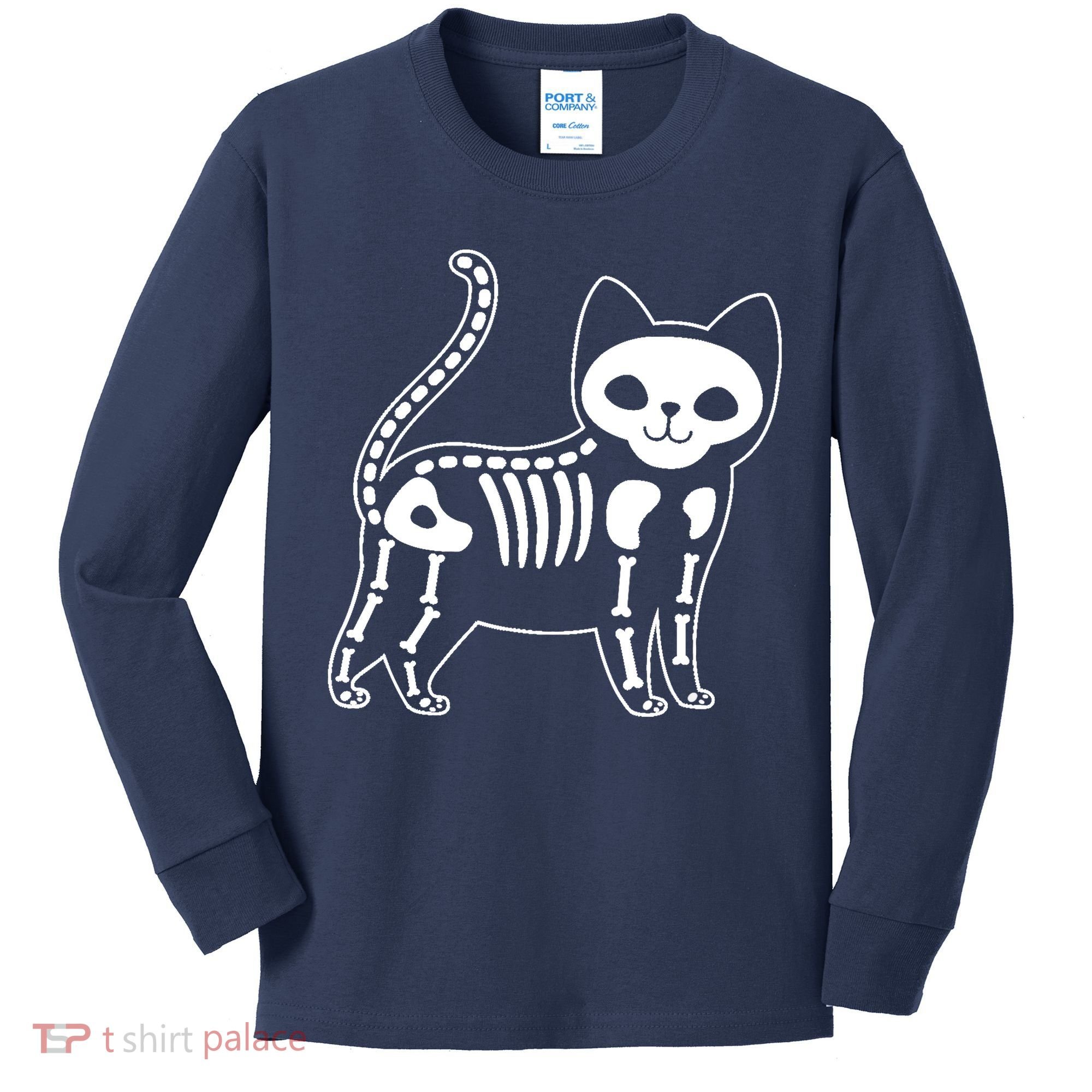 Funny Halloween Skeleton Cat Kitty Costume Skull Cat Kids Long Sleeve Shirt