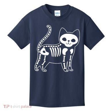 Funny Halloween Skeleton Cat Kitty Costume Skull Cat Kids T-Shirt