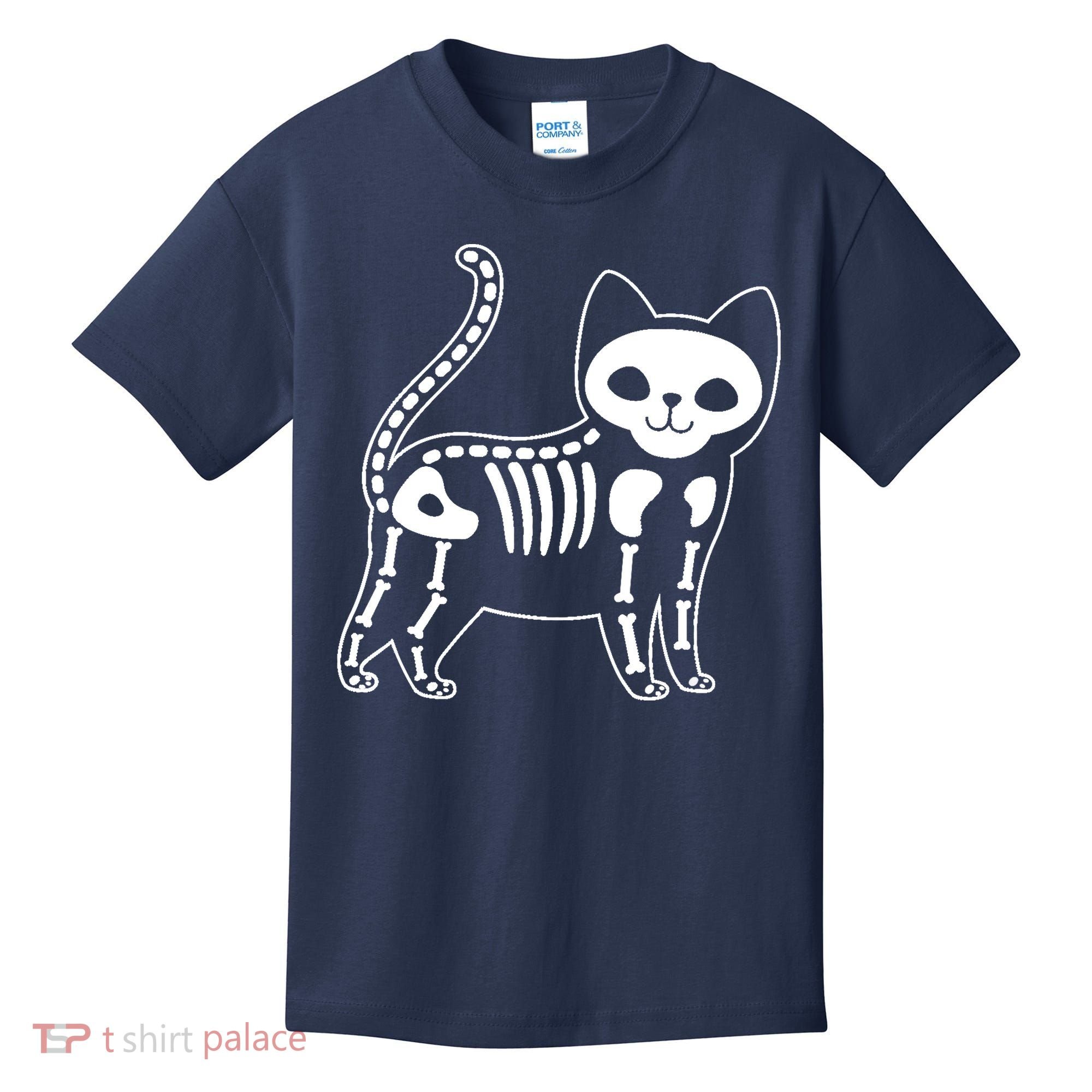 Funny Halloween Skeleton Cat Kitty Costume Skull Cat Kids T-Shirt