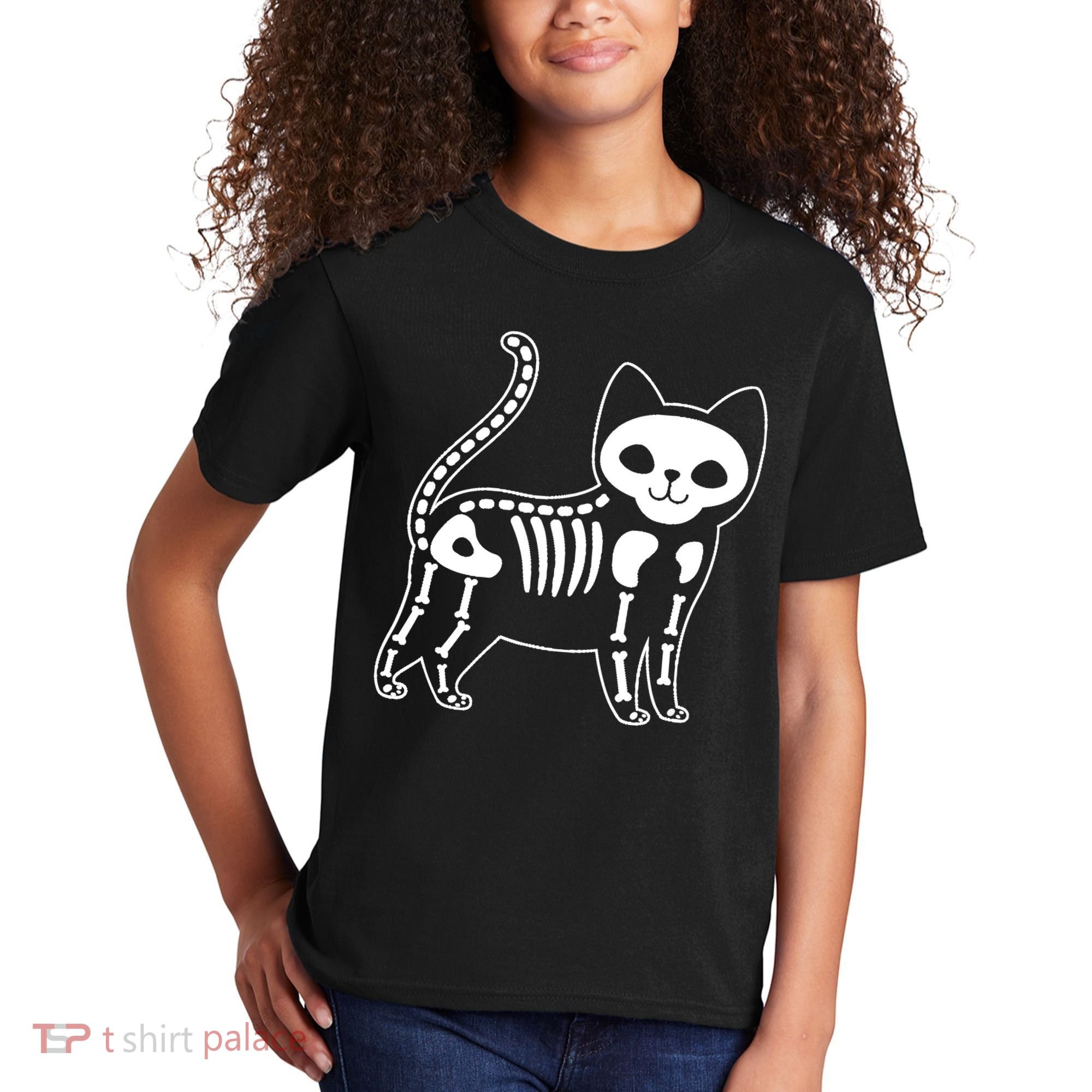 Funny Halloween Skeleton Cat Kitty Costume Skull Cat Kids T-Shirt
