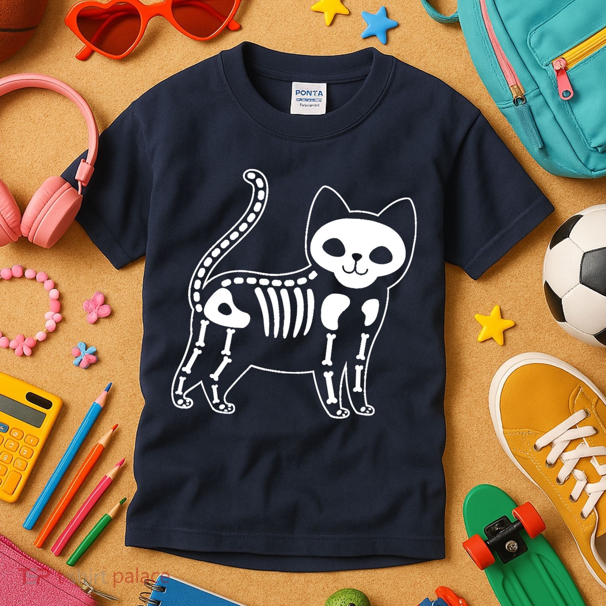 Funny Halloween Skeleton Cat Kitty Costume Skull Cat Kids T-Shirt