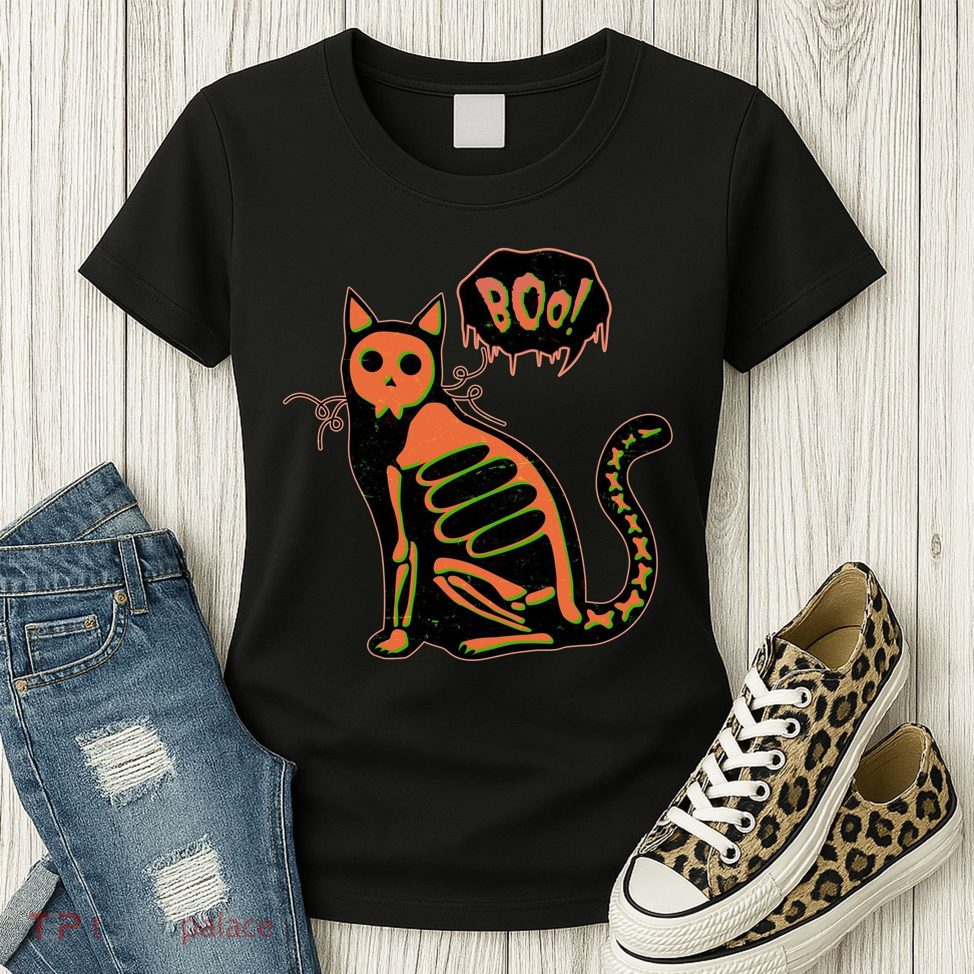 Funny Halloween Skeleton Cat Women's T-Shirt