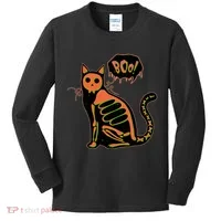 Funny Halloween Skeleton Cat Kids Long Sleeve Shirt thumb 0