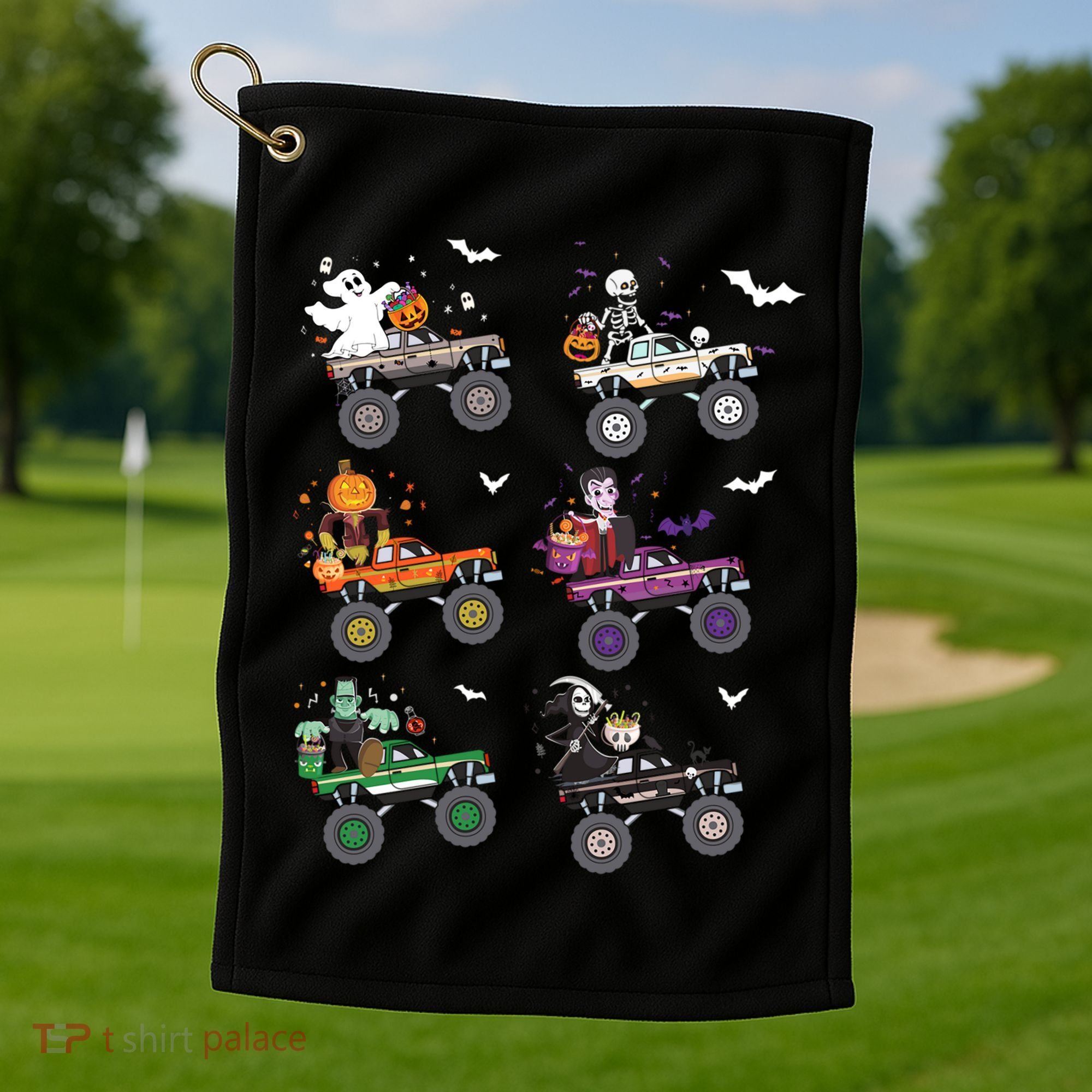 Funny Halloween Skeleton Zombie Riding Monster Truck Vampire Gift Golf Towel