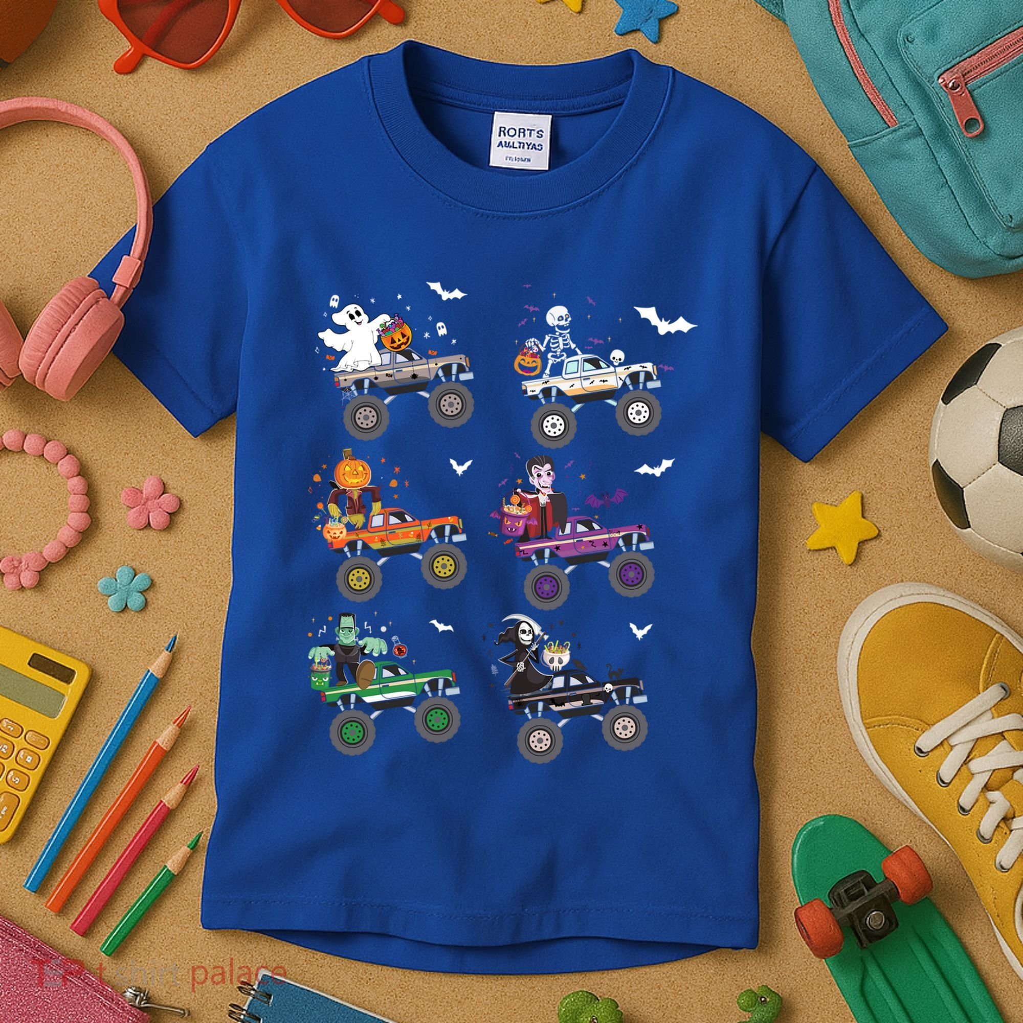 Funny Halloween Skeleton Zombie Riding Monster Truck Vampire Gift Kids T-Shirt