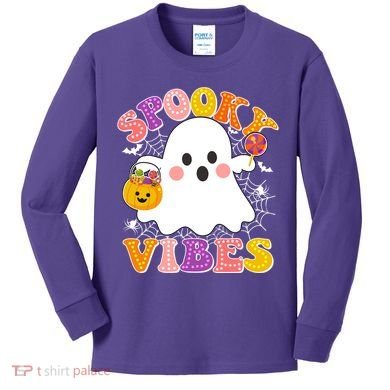 Funny Halloween Spooky Vibes Trick Or Treating Ghost Kids Long Sleeve Shirt