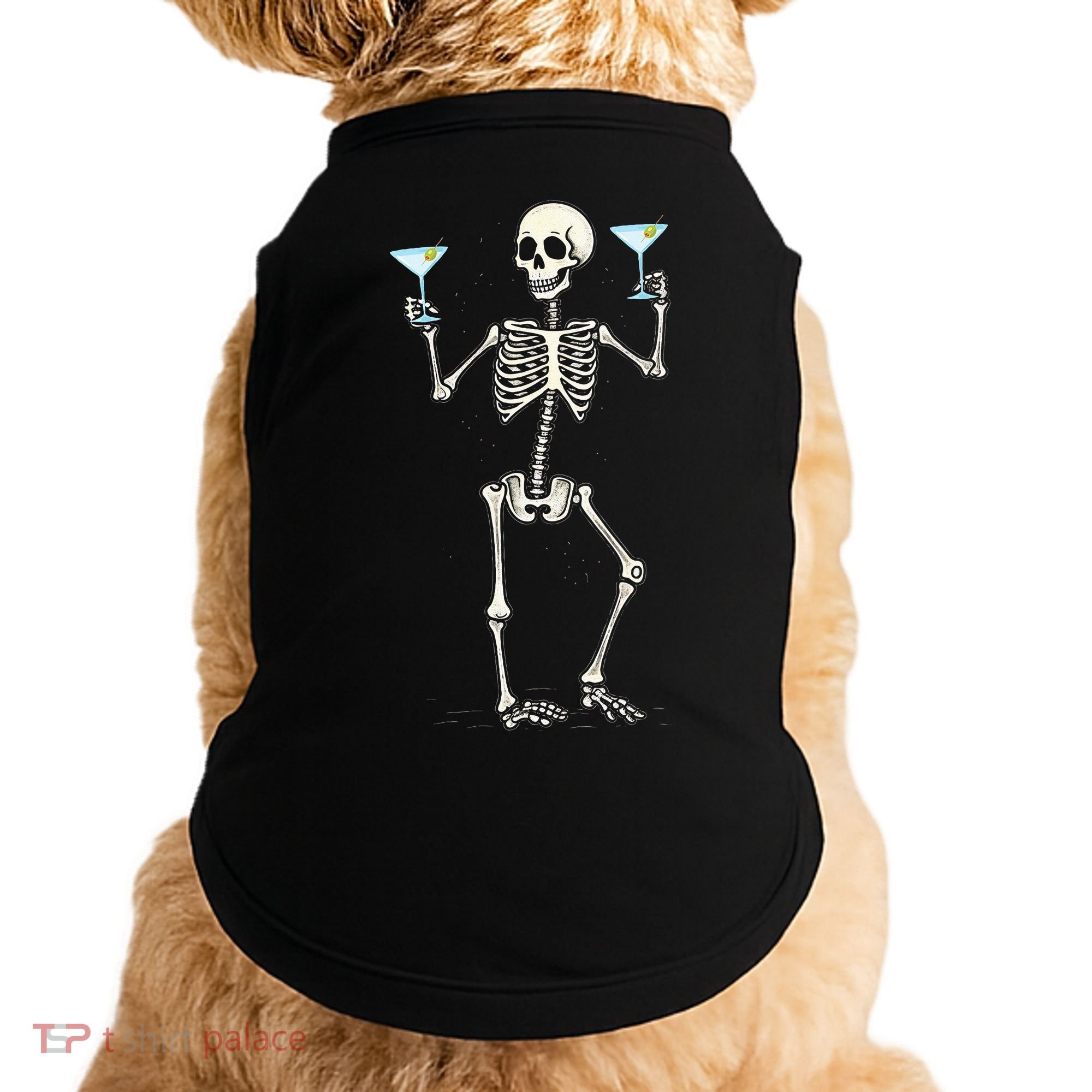 Funny Halloween Skeleton Drinking Martini Cocktail Doggie Tank