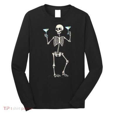 Funny Halloween Skeleton Drinking Martini Cocktail Long Sleeve Shirt