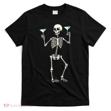 Funny Halloween Skeleton Drinking Martini Cocktail T-Shirt