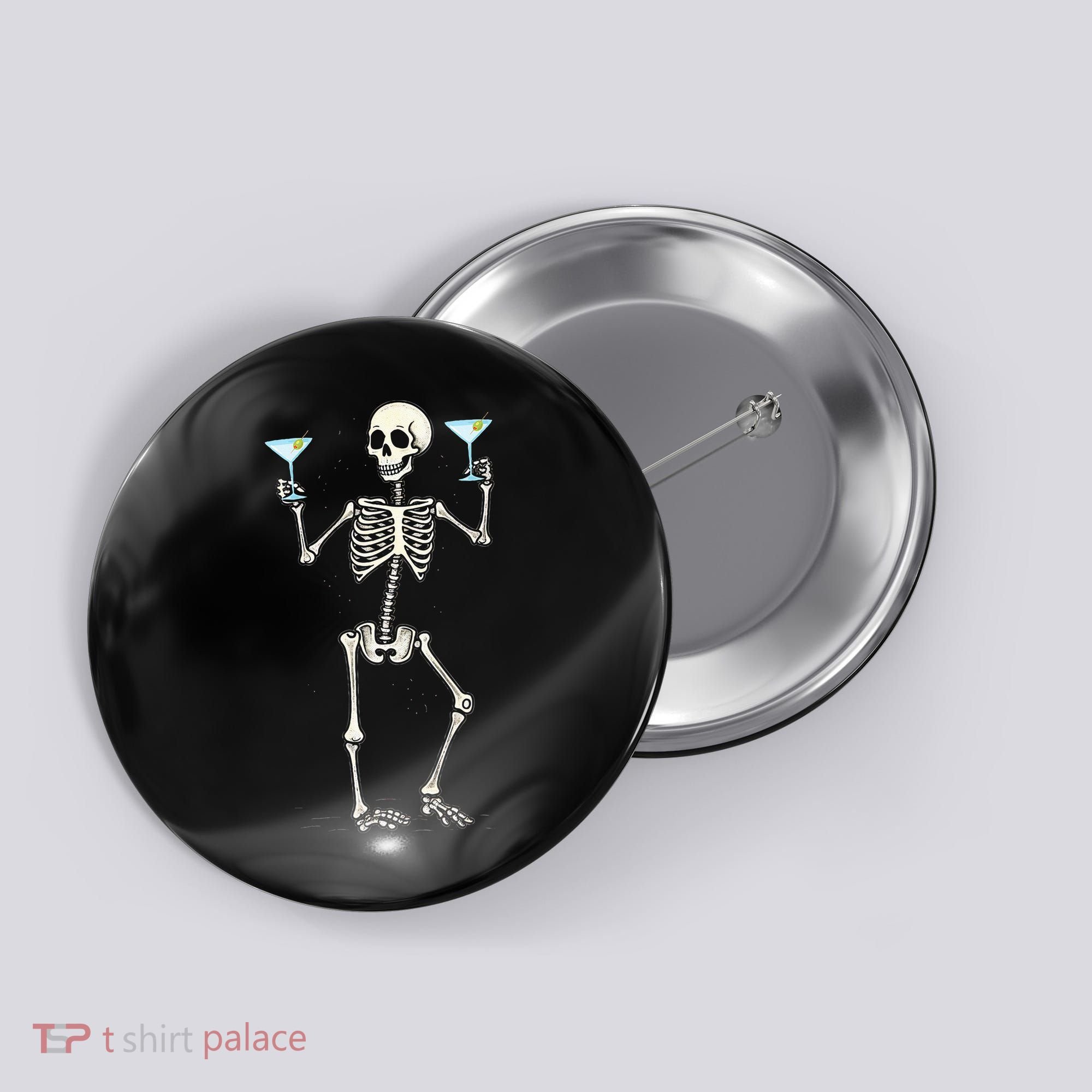 Funny Halloween Skeleton Drinking Martini Cocktail Button