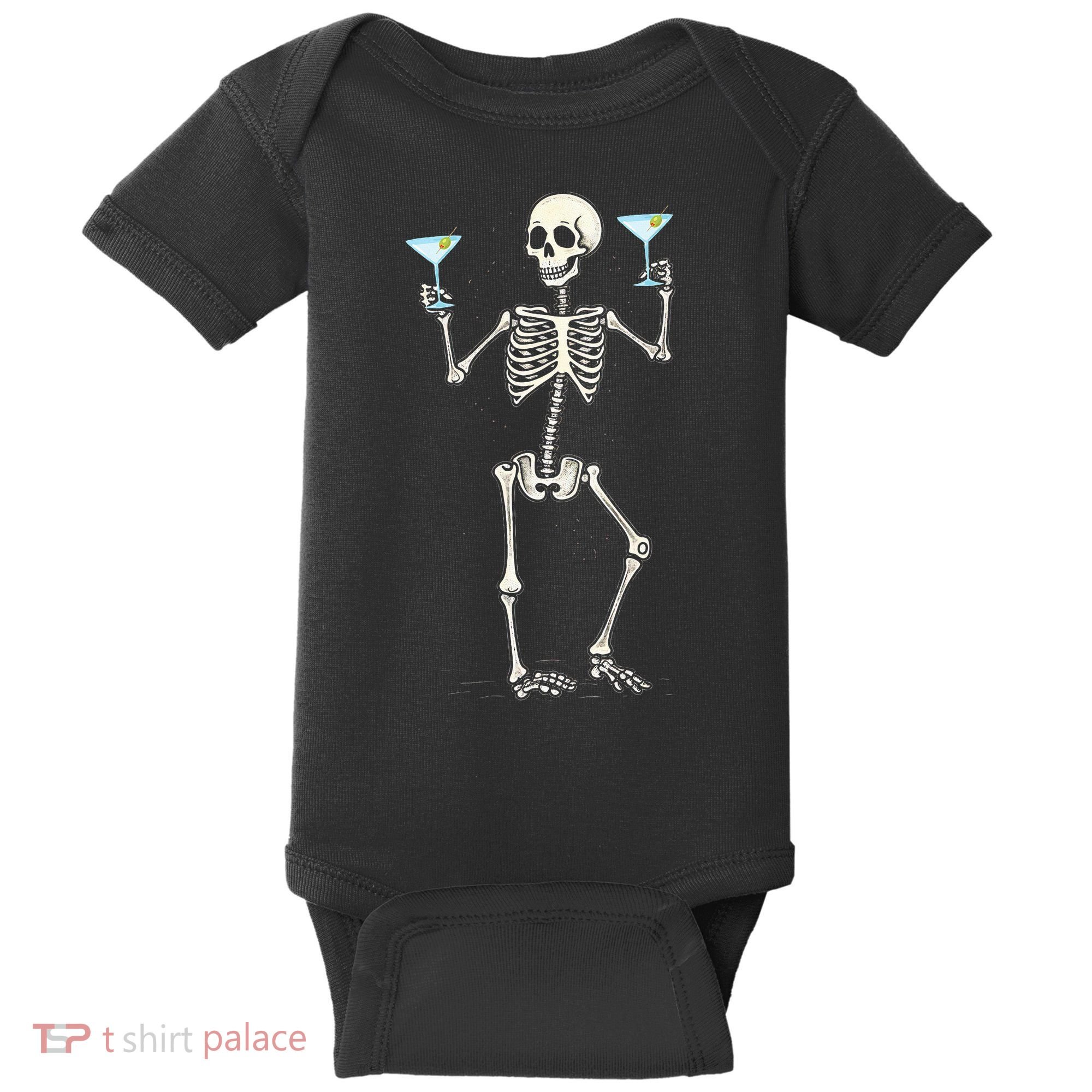 Funny Halloween Skeleton Drinking Martini Cocktail Baby Bodysuit