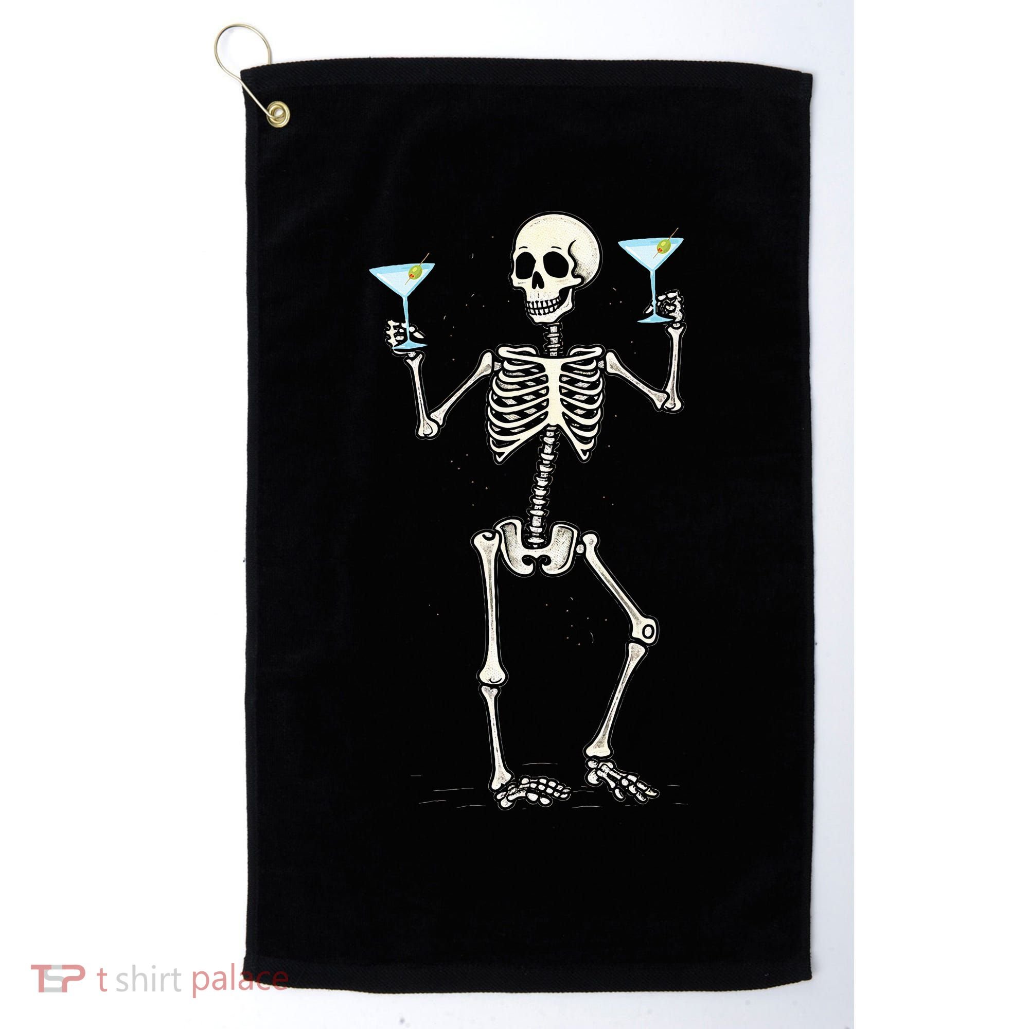 Funny Halloween Skeleton Drinking Martini Cocktail Golf Towel