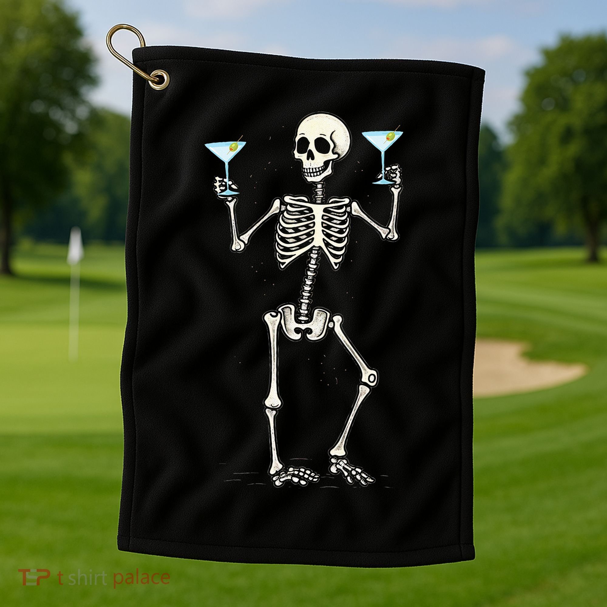 Funny Halloween Skeleton Drinking Martini Cocktail Golf Towel