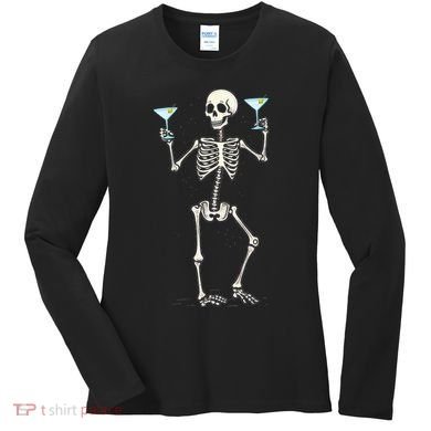 Funny Halloween Skeleton Drinking Martini Cocktail Women's Long Sleeve Shirt
