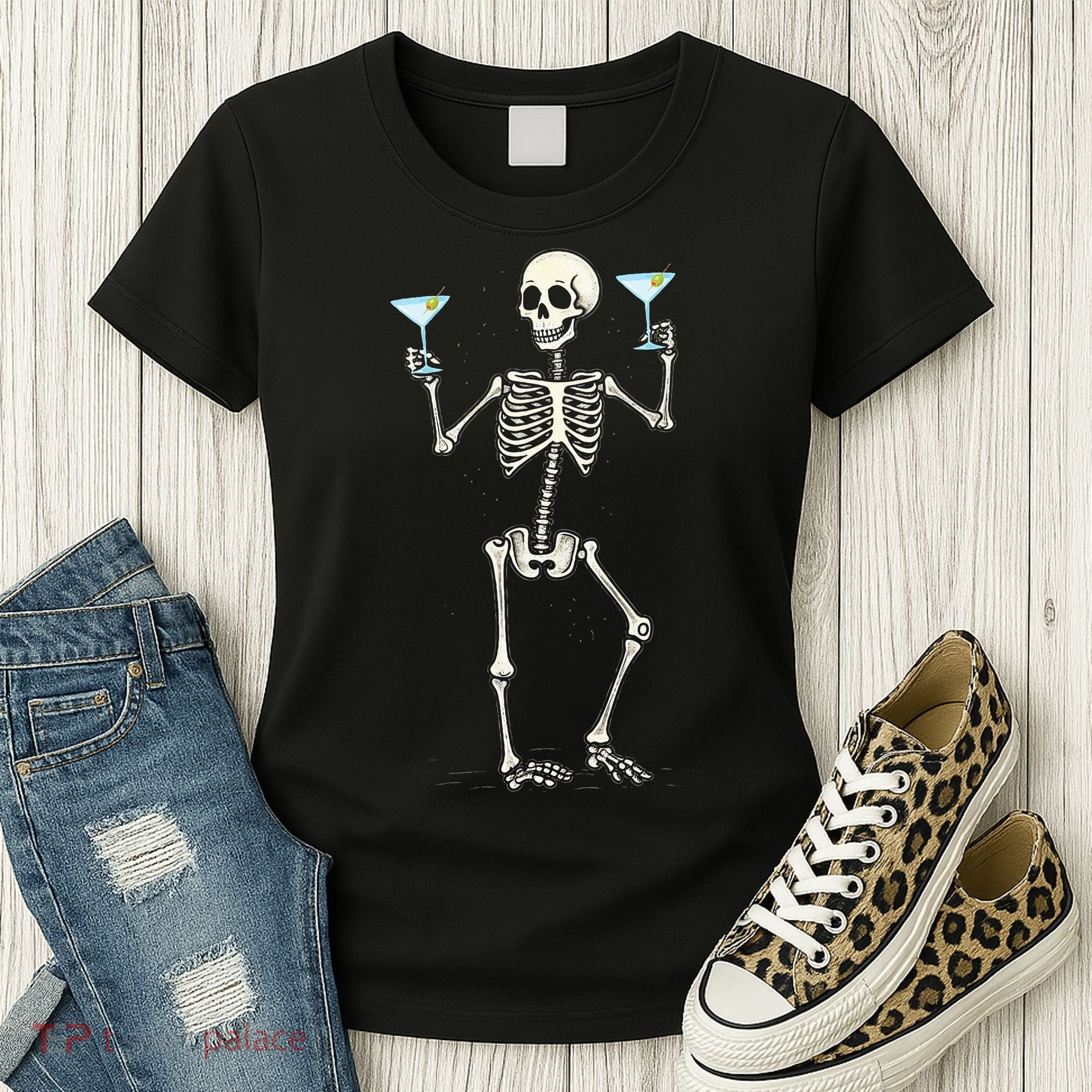 Funny Halloween Skeleton Drinking Martini Cocktail Women's T-Shirt