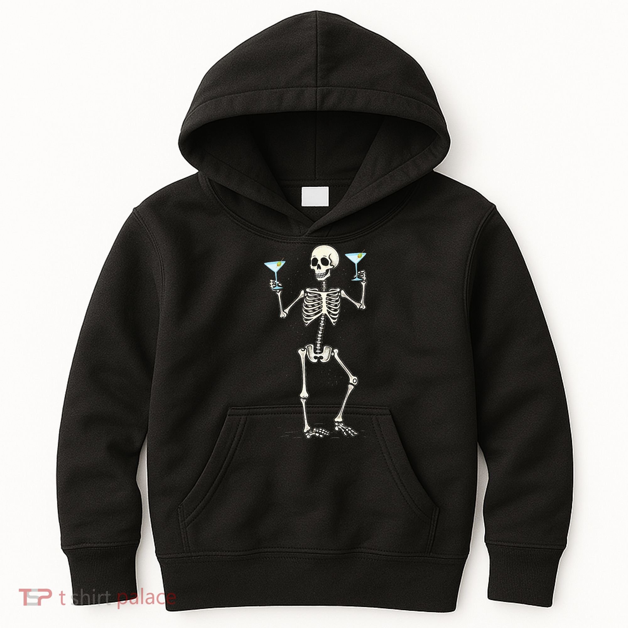 Funny Halloween Skeleton Drinking Martini Cocktail Kids Hoodie